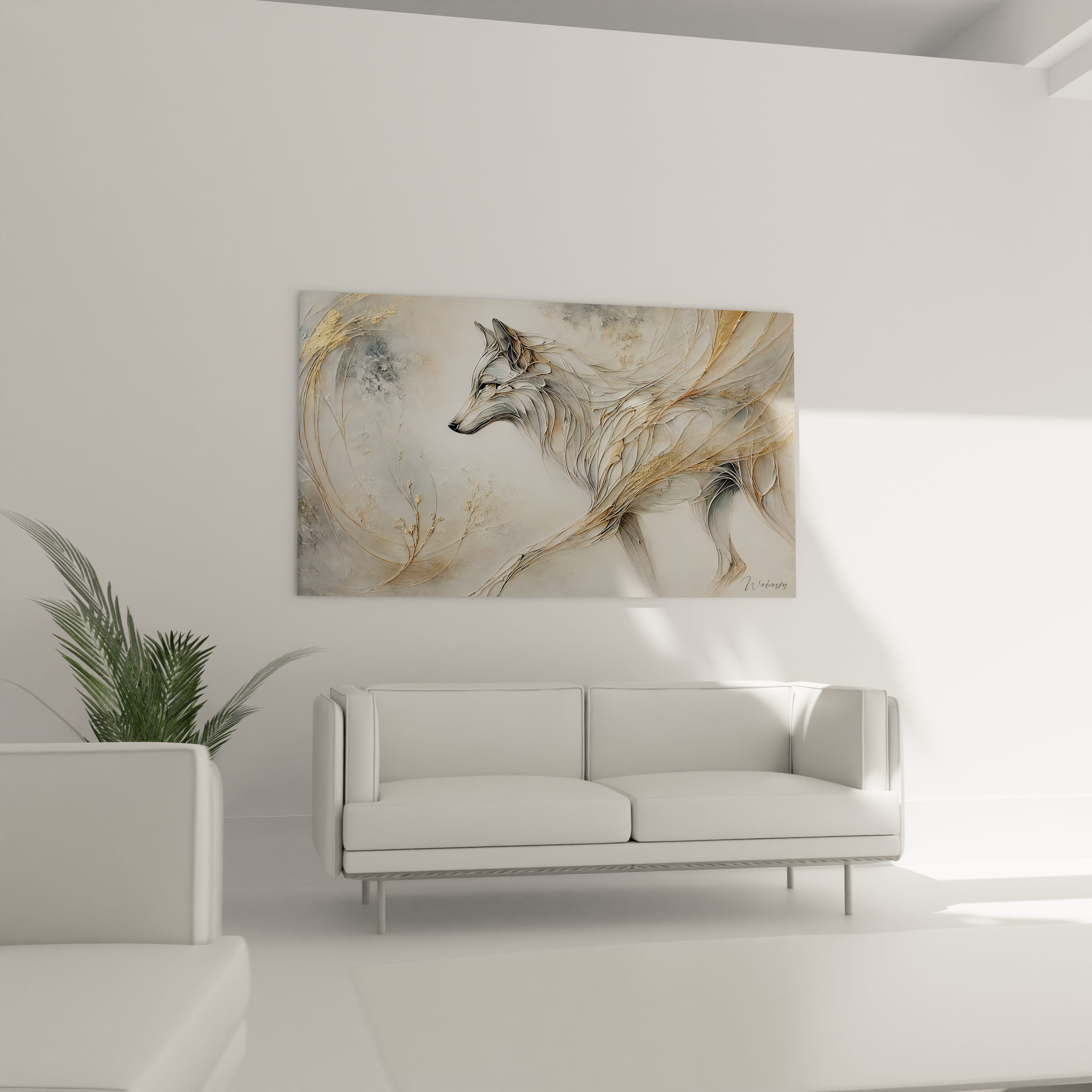 tableau loup accroche au dessus du canape dans un salon ideal pour une deco moderne ou minimaliste grace naturelle du loup dans un mouvement fluide teintes claires et touche doree pour une ambiance elegante

