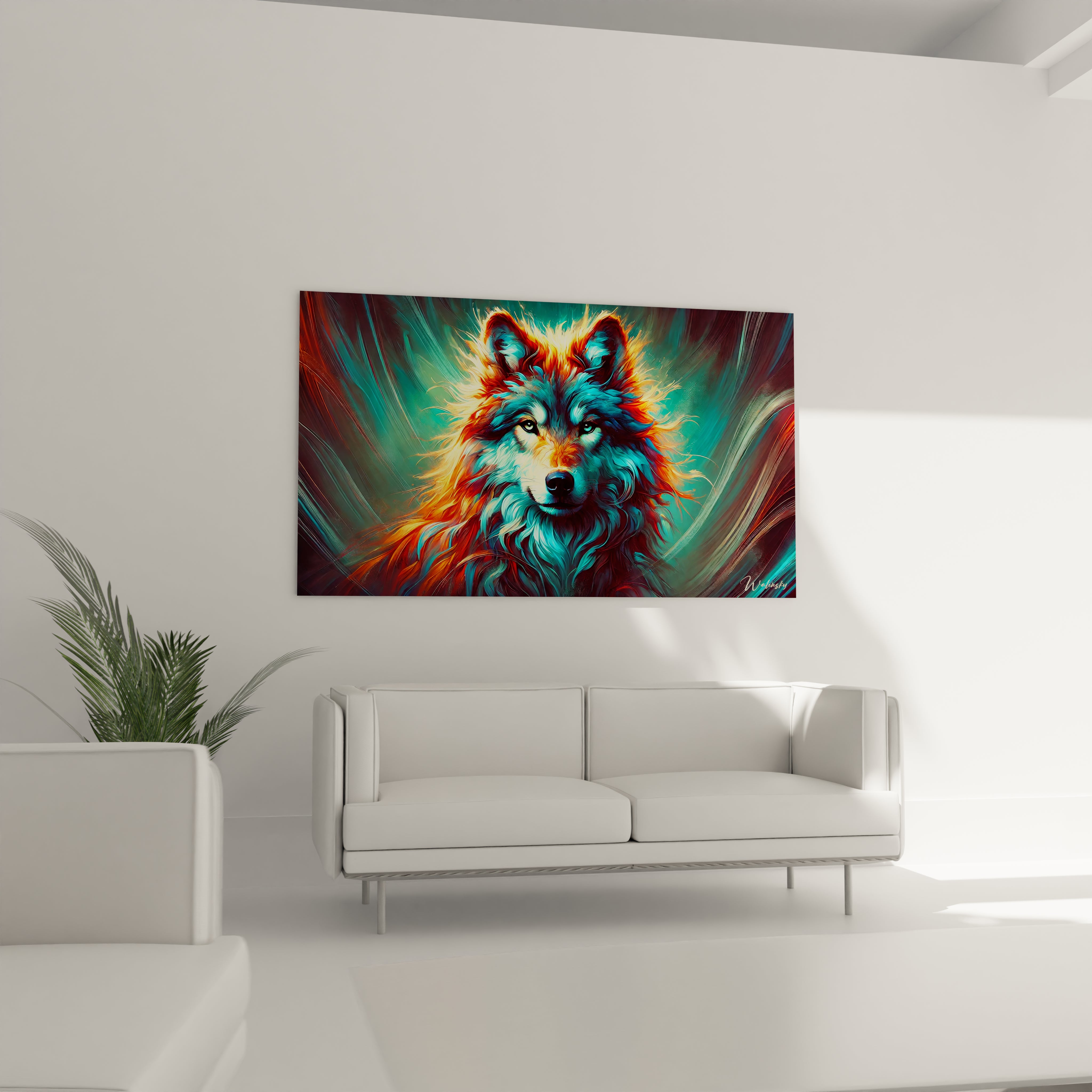 Tableau loup majestueux au-dessus du canapé. Puissance et indépendance capturées par des couleurs vives et un fond abstrait. Idéal pour une décoration moderne et audacieuse dans le salon.

