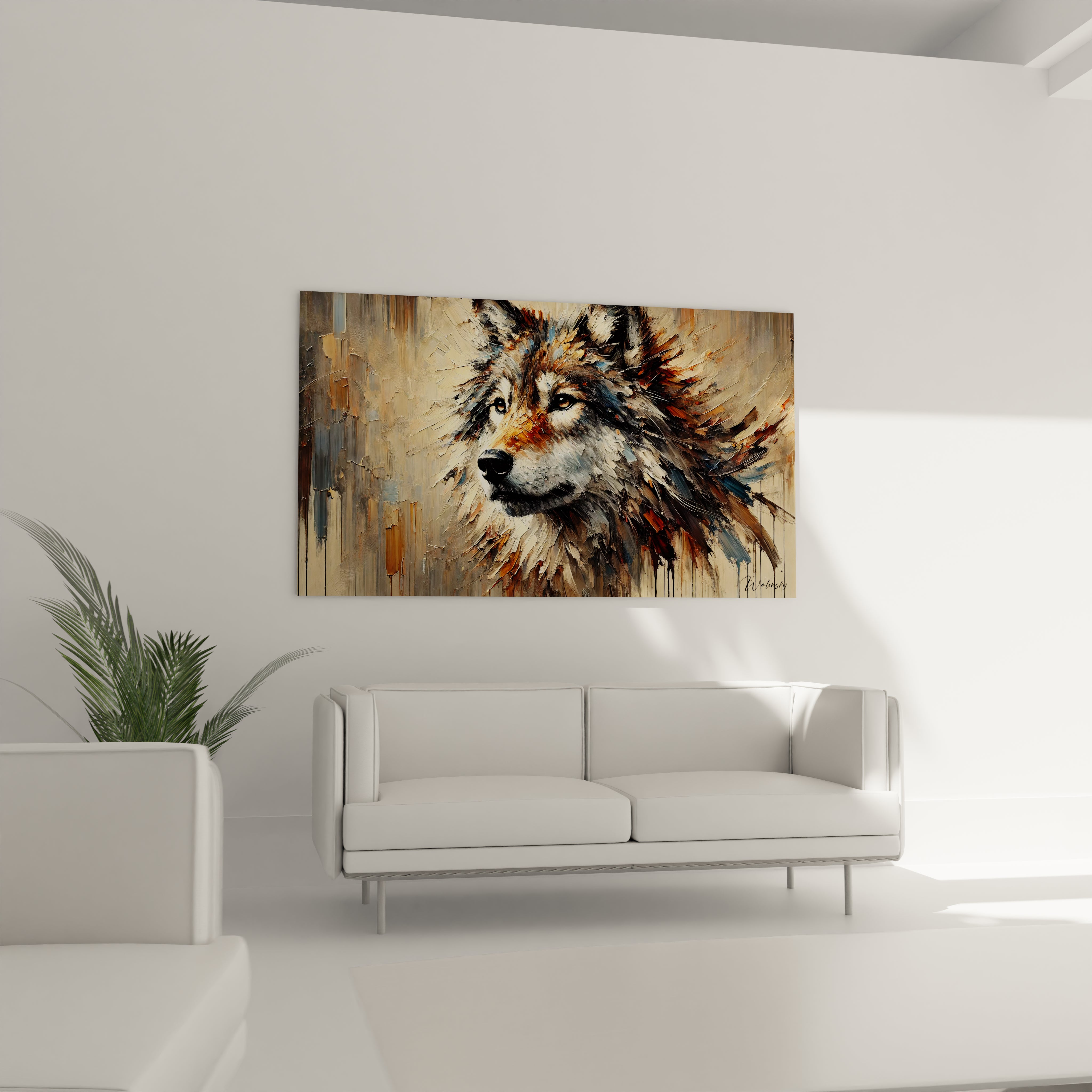 Sublimez votre salon avec ce tableau loup expressif accroché au-dessus du canapé. Une œuvre qui apporte une touche de nature sauvage et de chaleur grâce à ses teintes terre et crépuscule.
