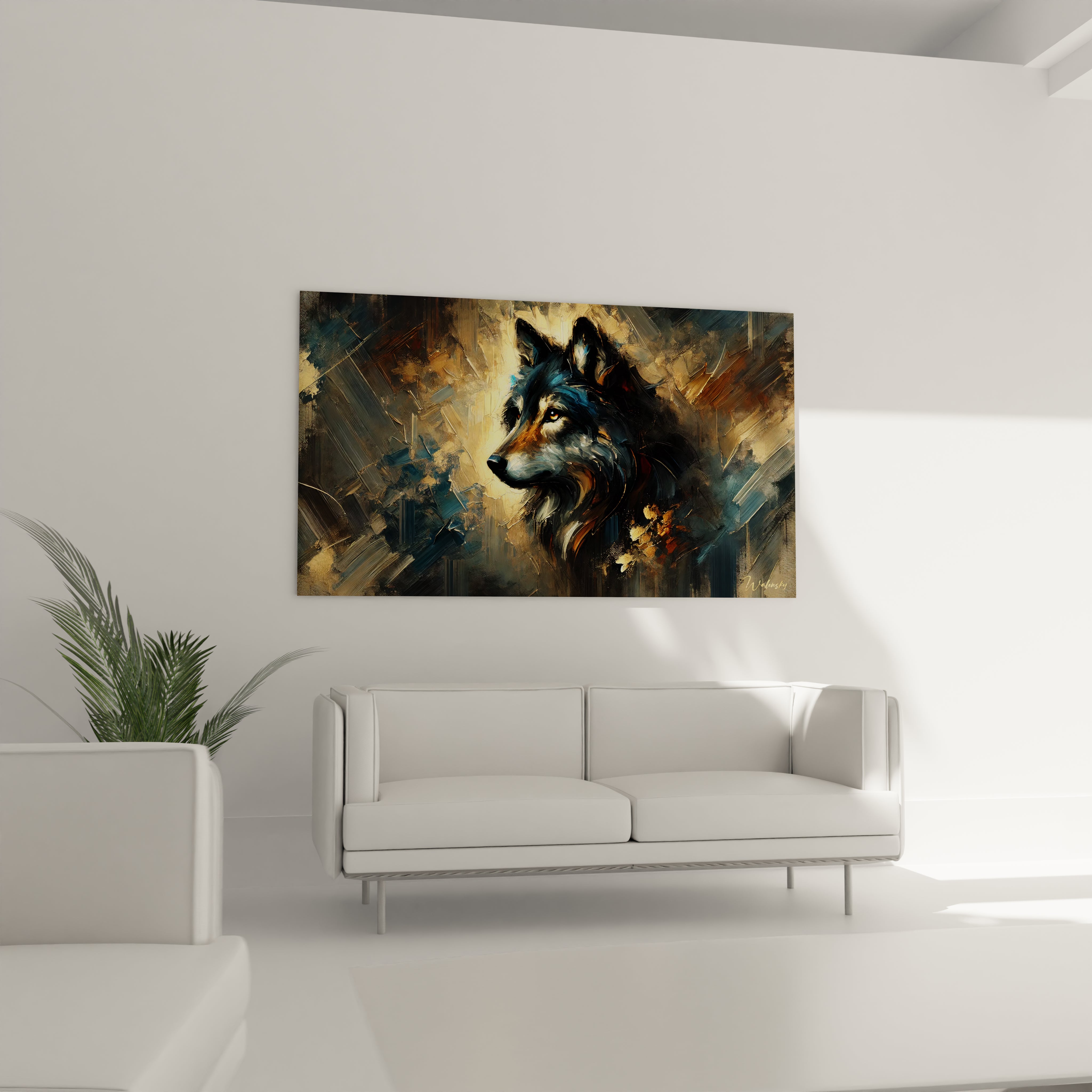  Tableau loup accroché au-dessus du canapé dans un salon. L'œuvre donne vie à l'espace avec un contraste saisissant entre ombre et lumière, ajoutant une touche de mystère et de caractère sauvage.