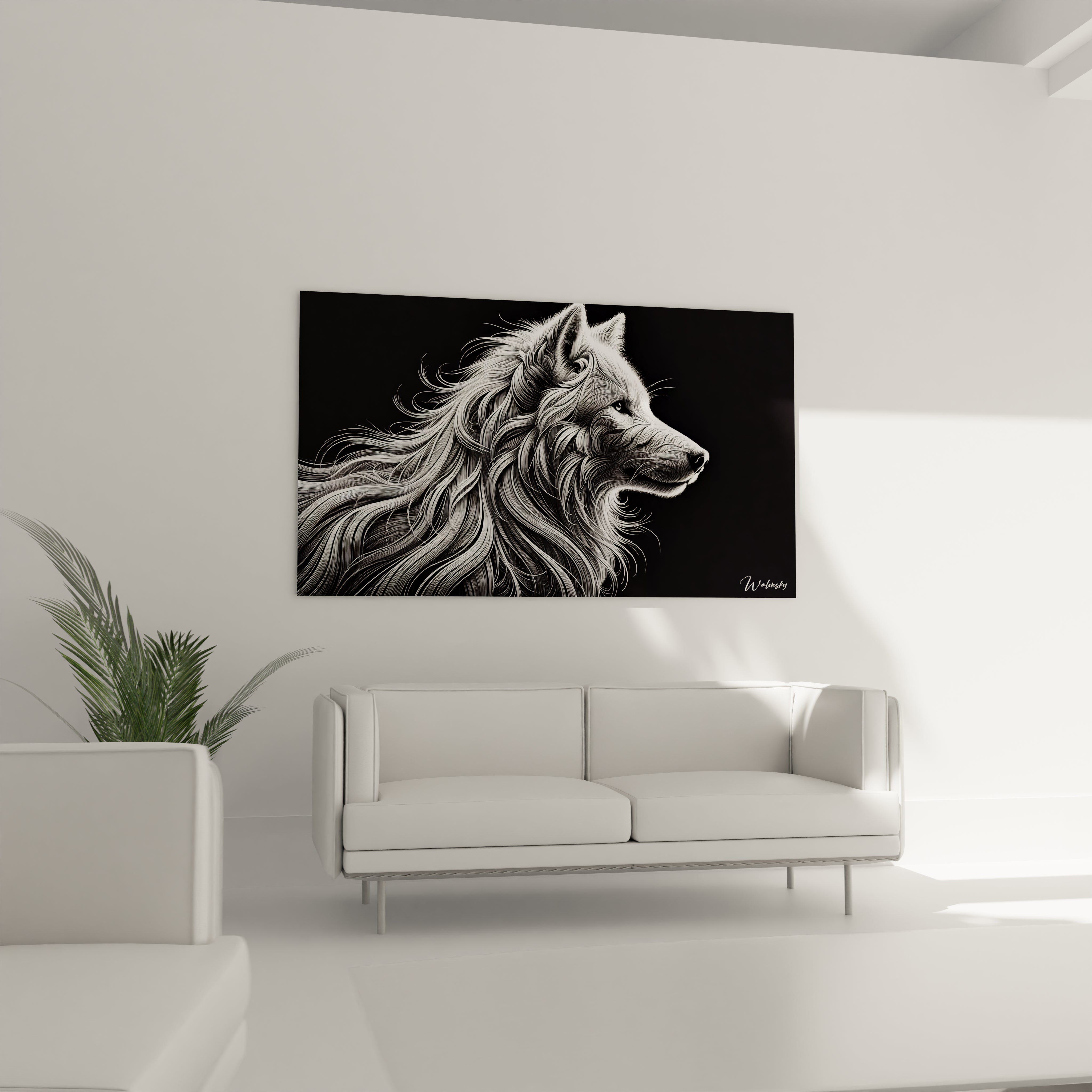 tableau loup en noir et blanc au-dessus d'un canapé. Cette pièce centrale crée une ambiance raffinée et contemporaine dans le salon, soulignant la majesté du loup.

