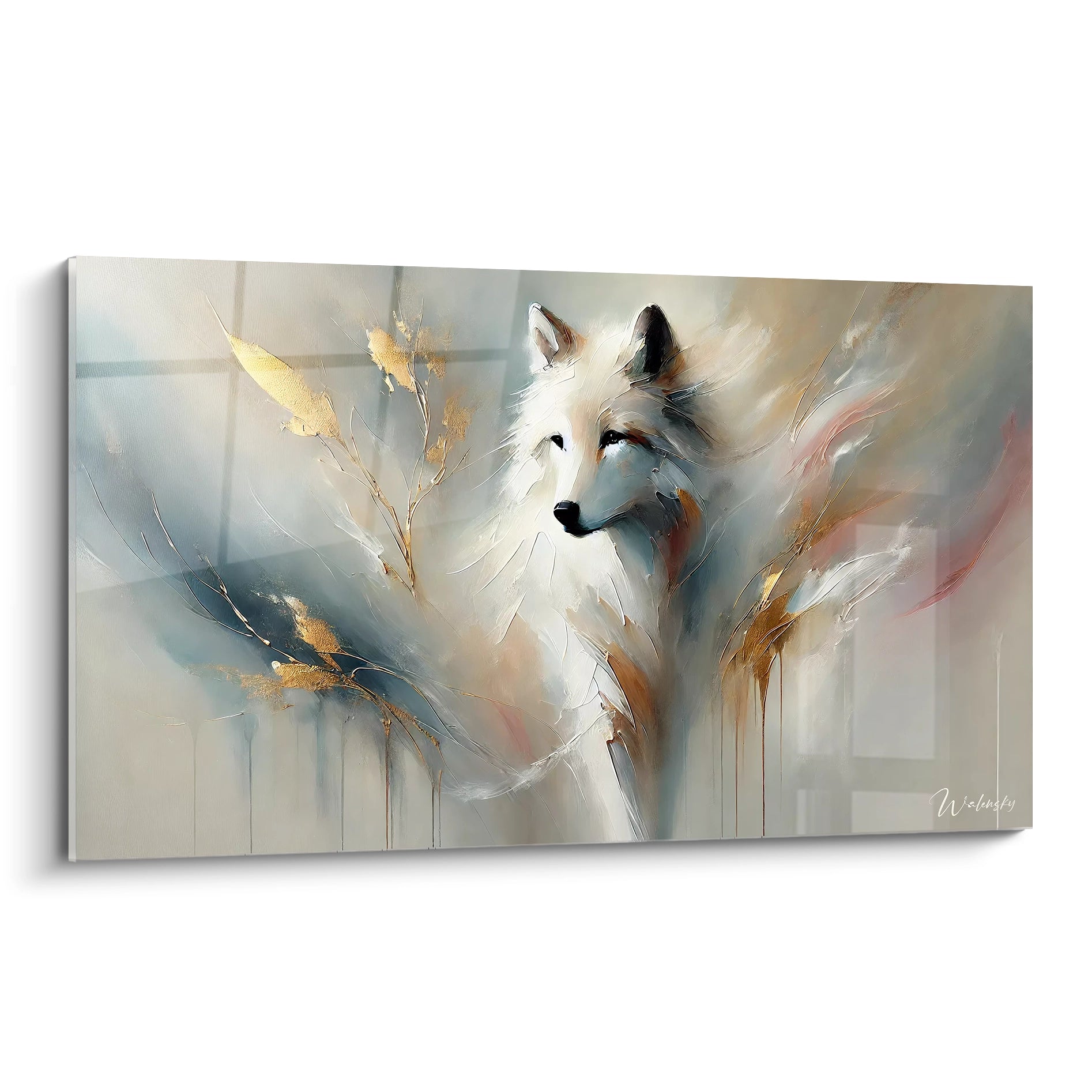 tableau loup majestueux vu de biais, avec des touches d'or qui apportent sophistication. Une representation delicate et epuree ideale pour une decoration elegante