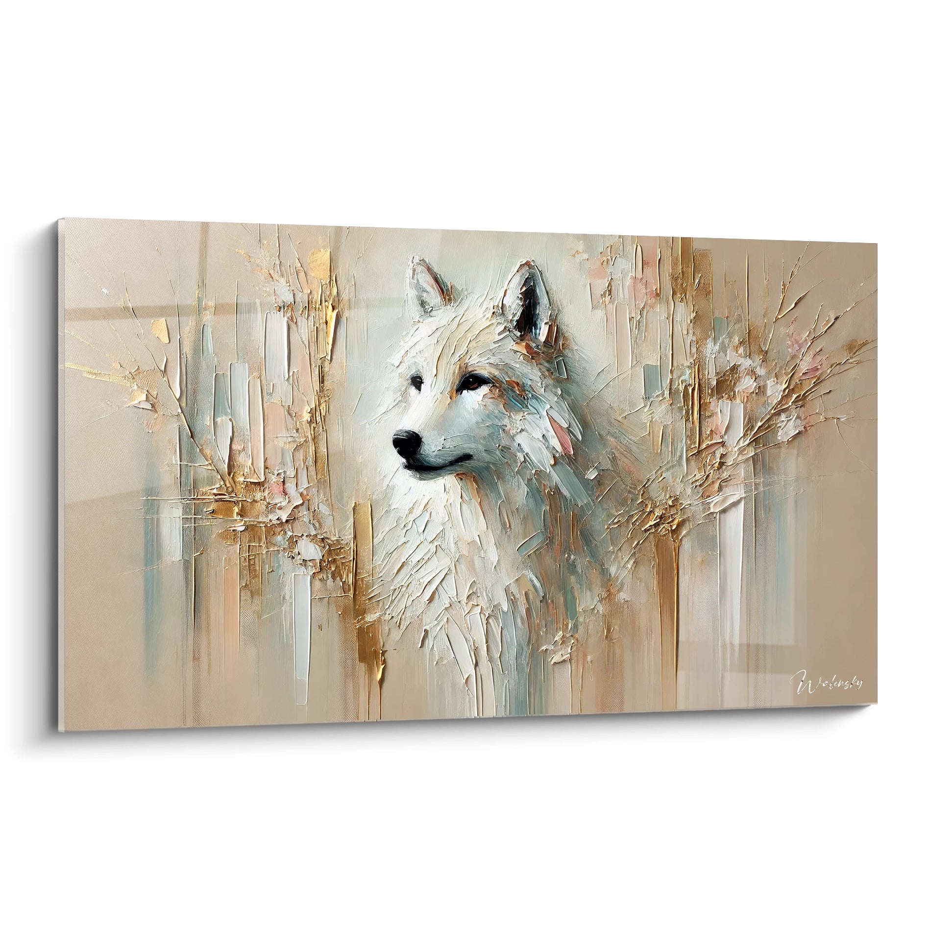 tableau loup abstrait aux textures riches vue de biais, atmosphère douce et contemplative, couleurs claires et touches dorées, idéal pour une décoration contemporaine et raffinée