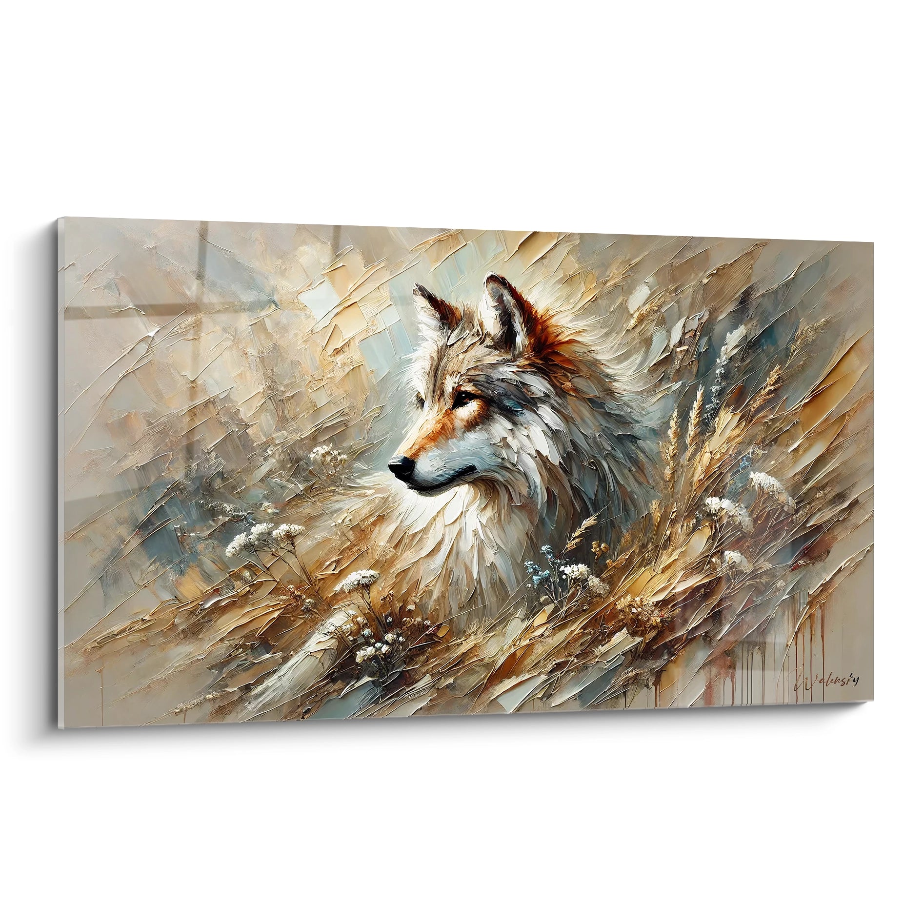 Tableau loup en vue de biais, mettant en valeur la beauté du loup dans un style semi-abstrait. Couleurs terreuses et textures riches pour une touche de nature et de sérénité.
