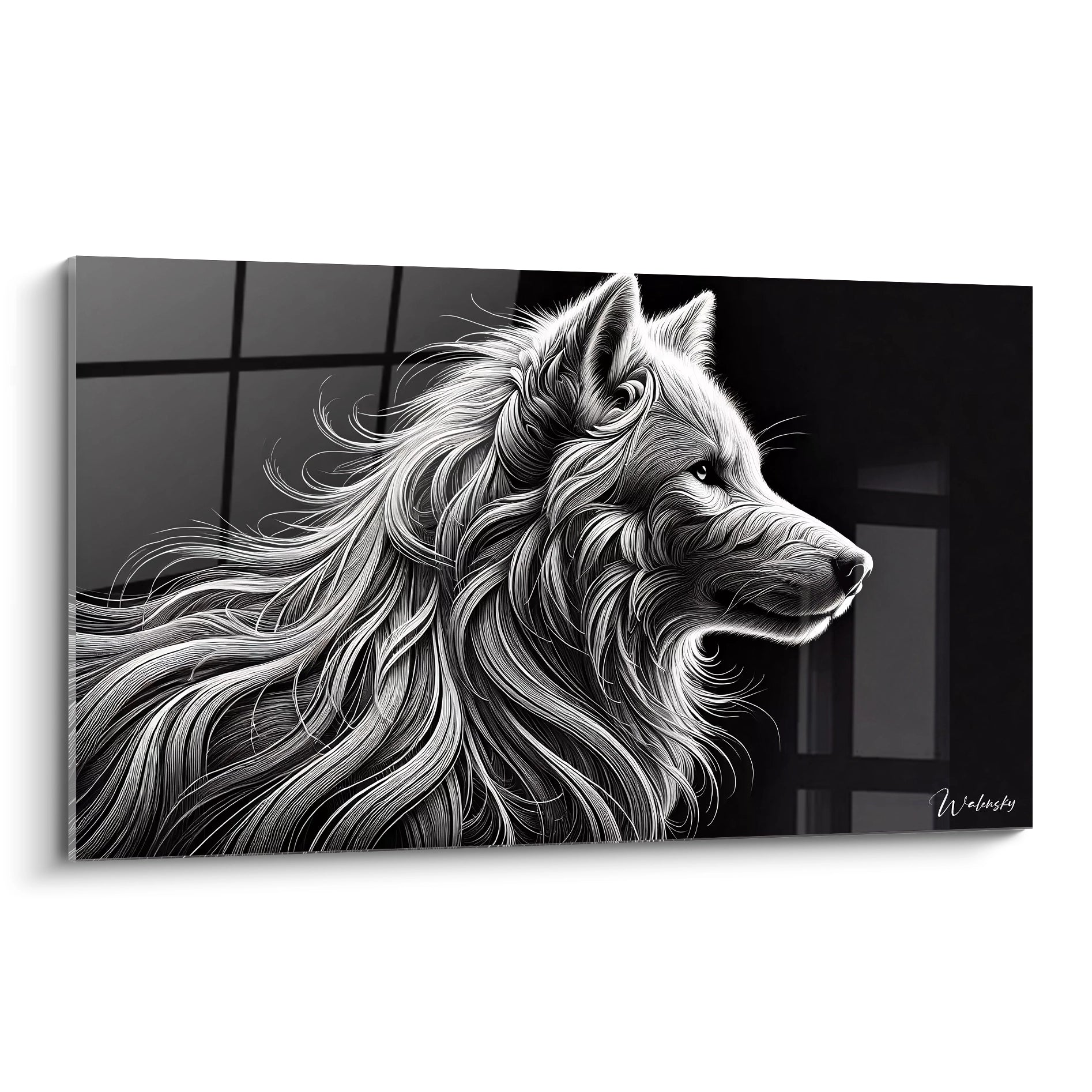 tableau loup en noir et blanc vu de biais. Ce tableau capte la noblesse du loup avec des détails minutieux, parfait pour une décoration moderne qui attire l'attention.

