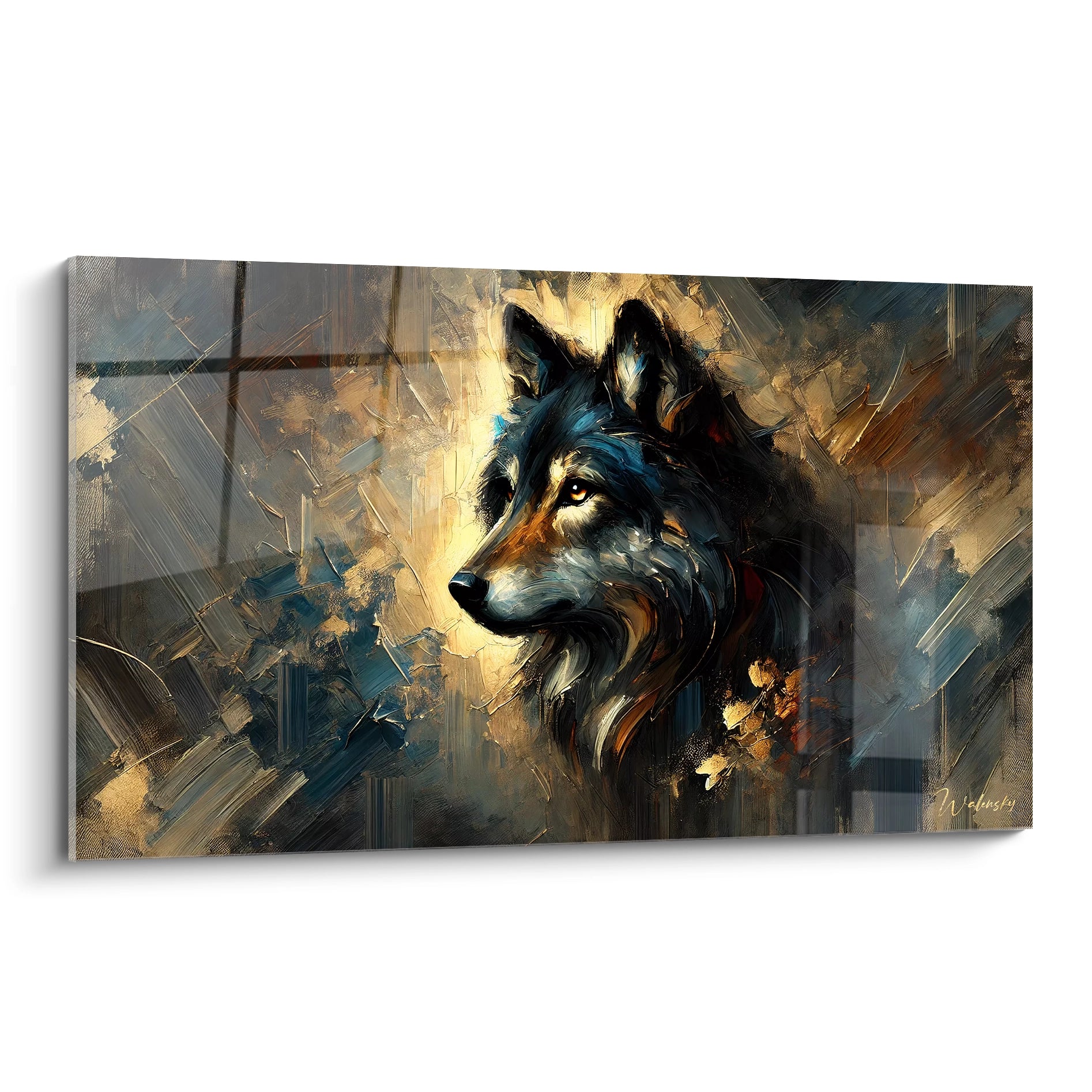 Tableau loup vu de biais mettant en avant son regard intense et les textures dramatiques du fond. Une œuvre puissante qui capte la majesté du loup avec des nuances sombres et lumineuses.