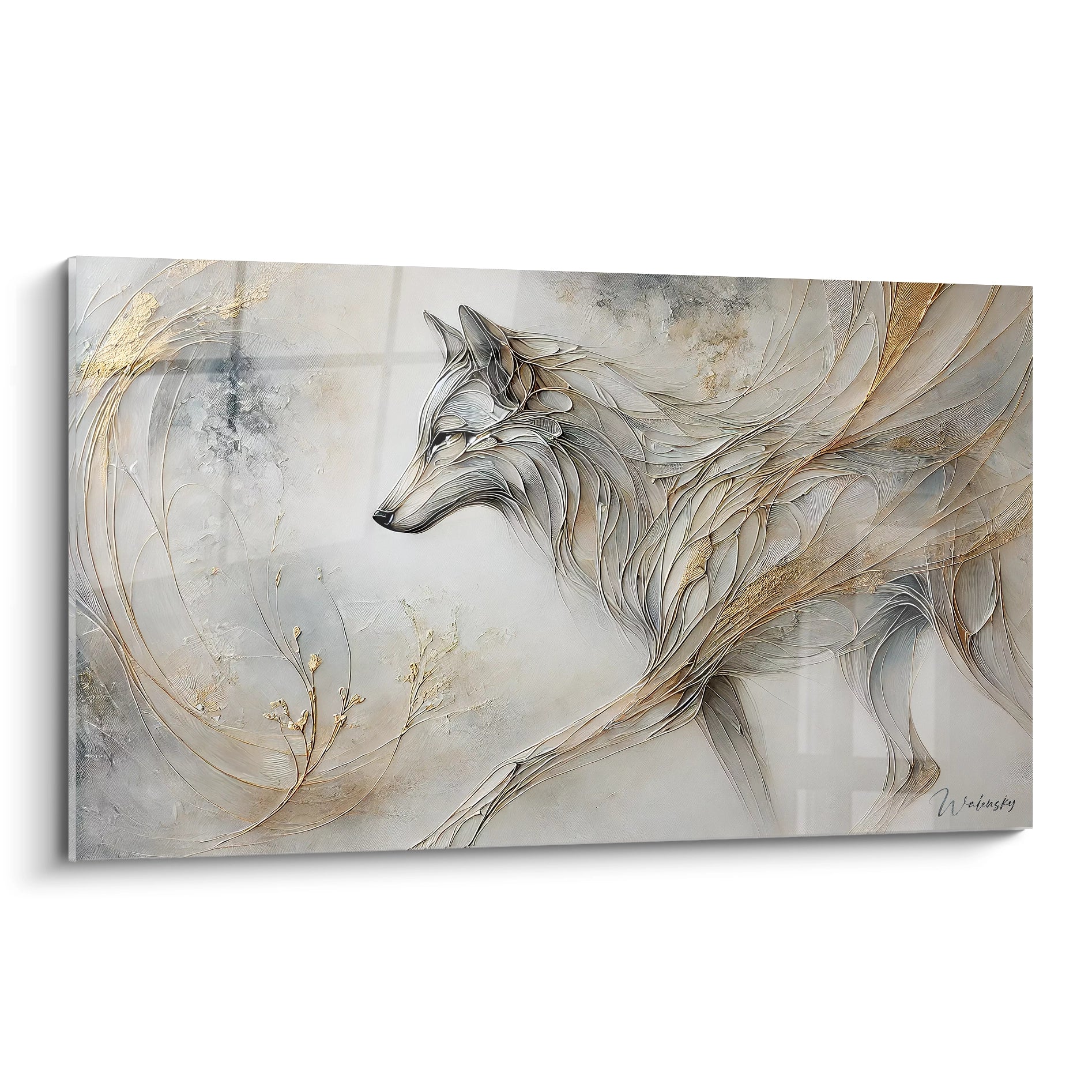 tableau loup vue de biais elegant et raffine ideal pour une deco moderne grace naturelle et dynamisme capture dans un style abstrait et sophistique touches dorees pour une ambiance luxueuse

