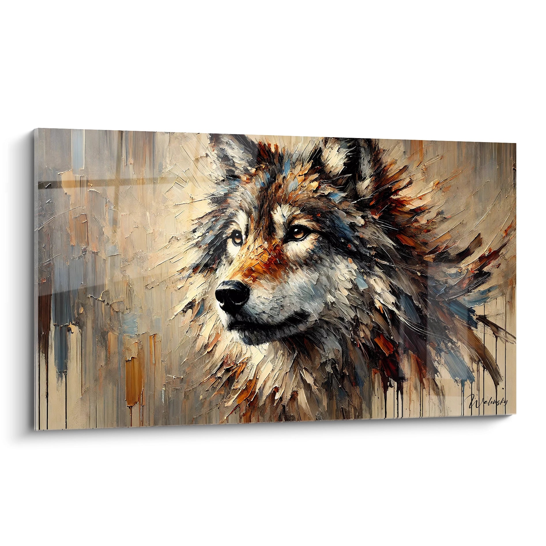 Tableau loup captivant vu de biais. Son pelage est vibrant de couleurs chaleureuses et texturées. Un art qui capte la force et la sérénité du loup avec profondeur et vitalité.
