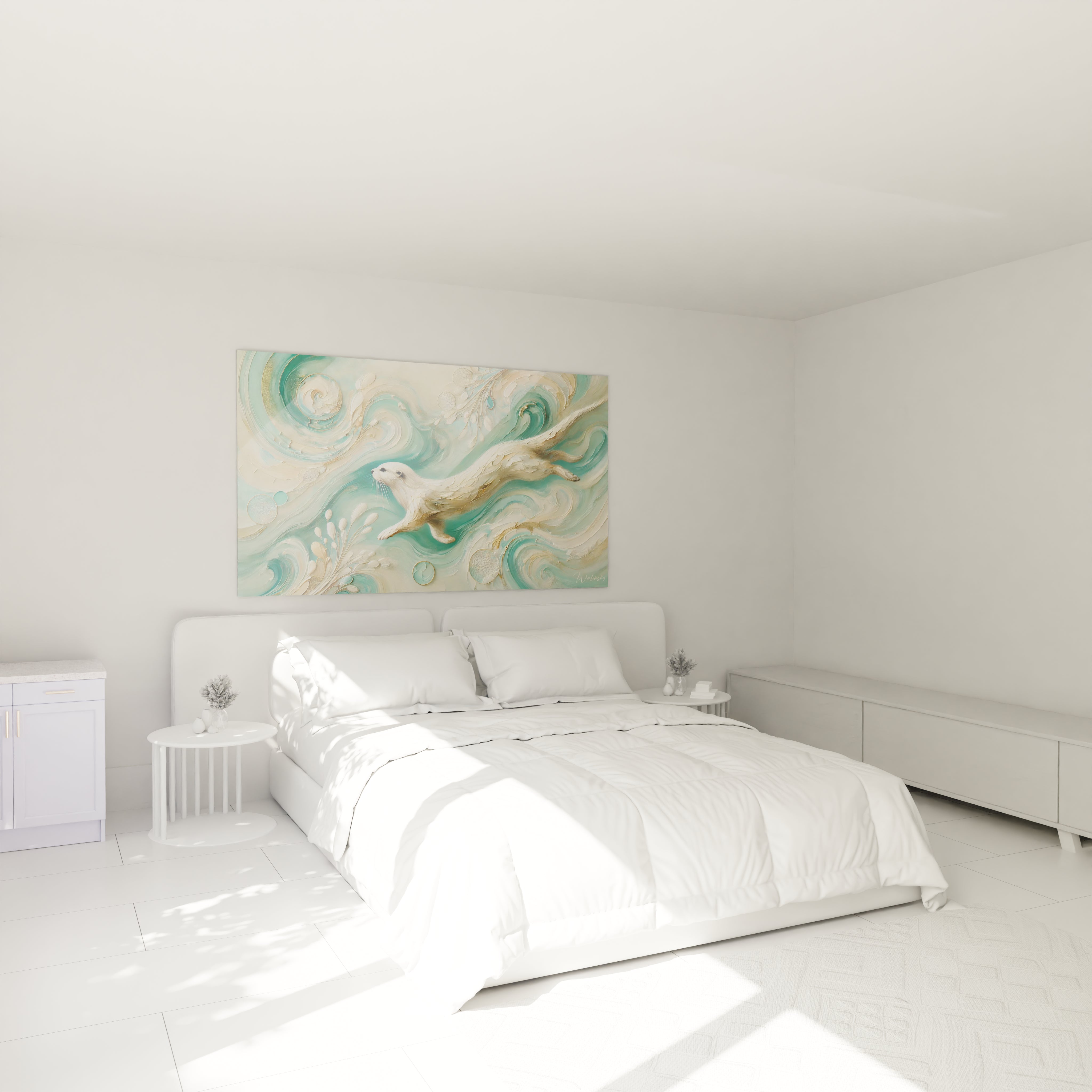 Dans cette chambre, le tableau loutre apporte une touche de serenite avec ses teintes beige, bleu et or. L'oeuvre suspendue au dessus du lit evoque grace et fluidite pour une ambiance apaisante.

