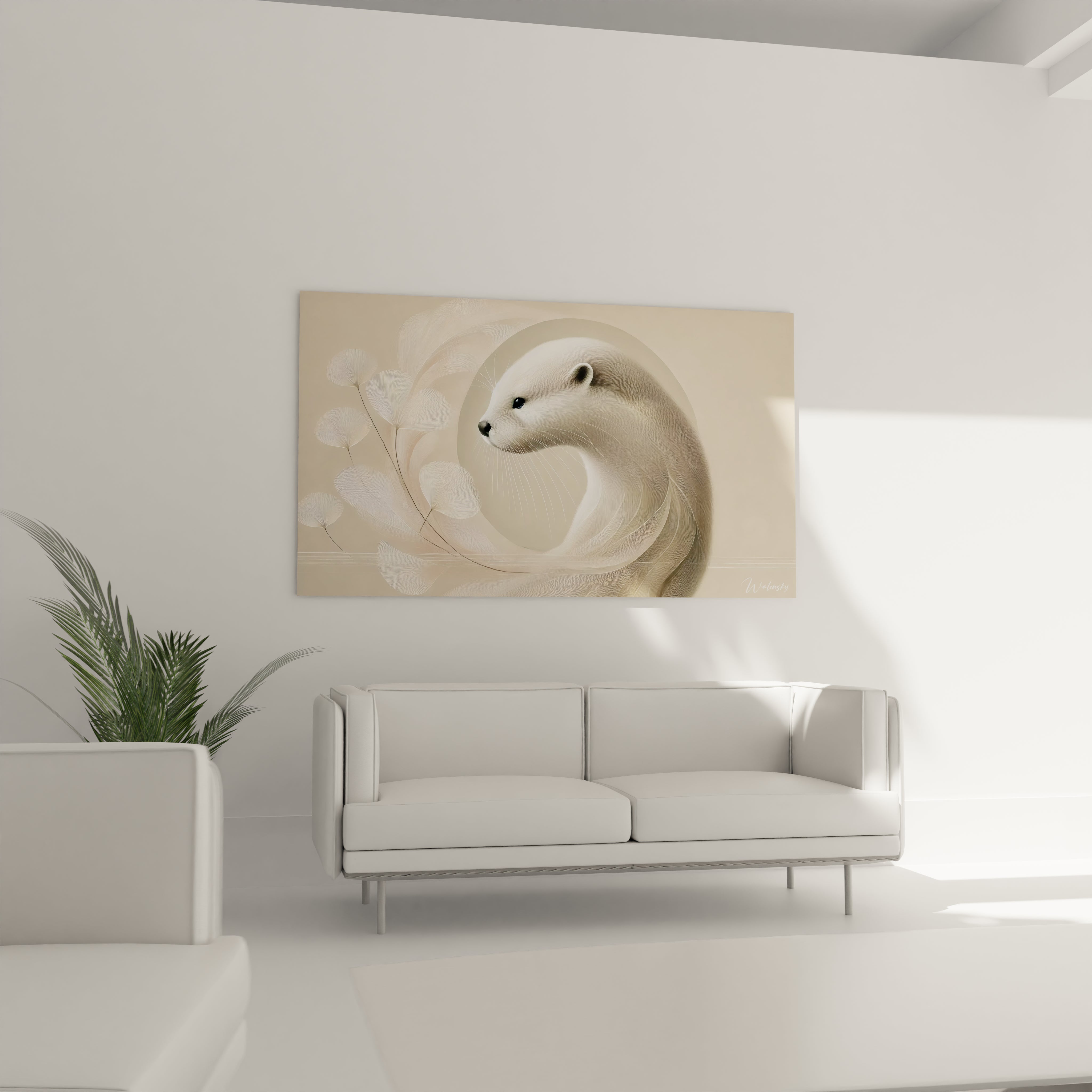 Tableau loutre dans un salon, place au-dessus d un canape, creant une ambiance calme et contemporaine grace a ses motifs abstraits et ses teintes douces.
