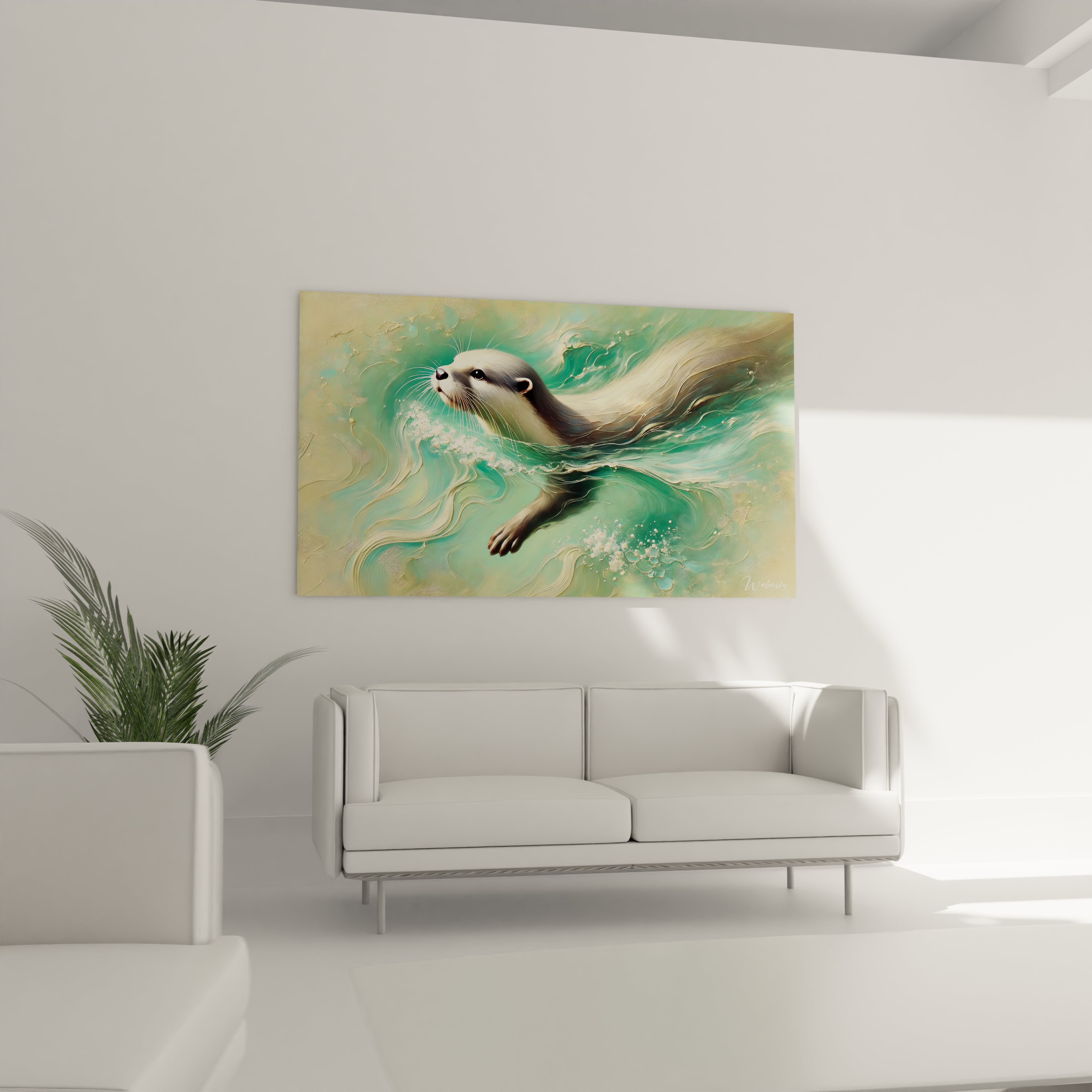 tableau loutre en decoration de salon. Accroche au dessus du canapé, il attire l attention avec son mélange unique de textures abstraites et realistes. Un ajout apaisant pour un espace moderne.

