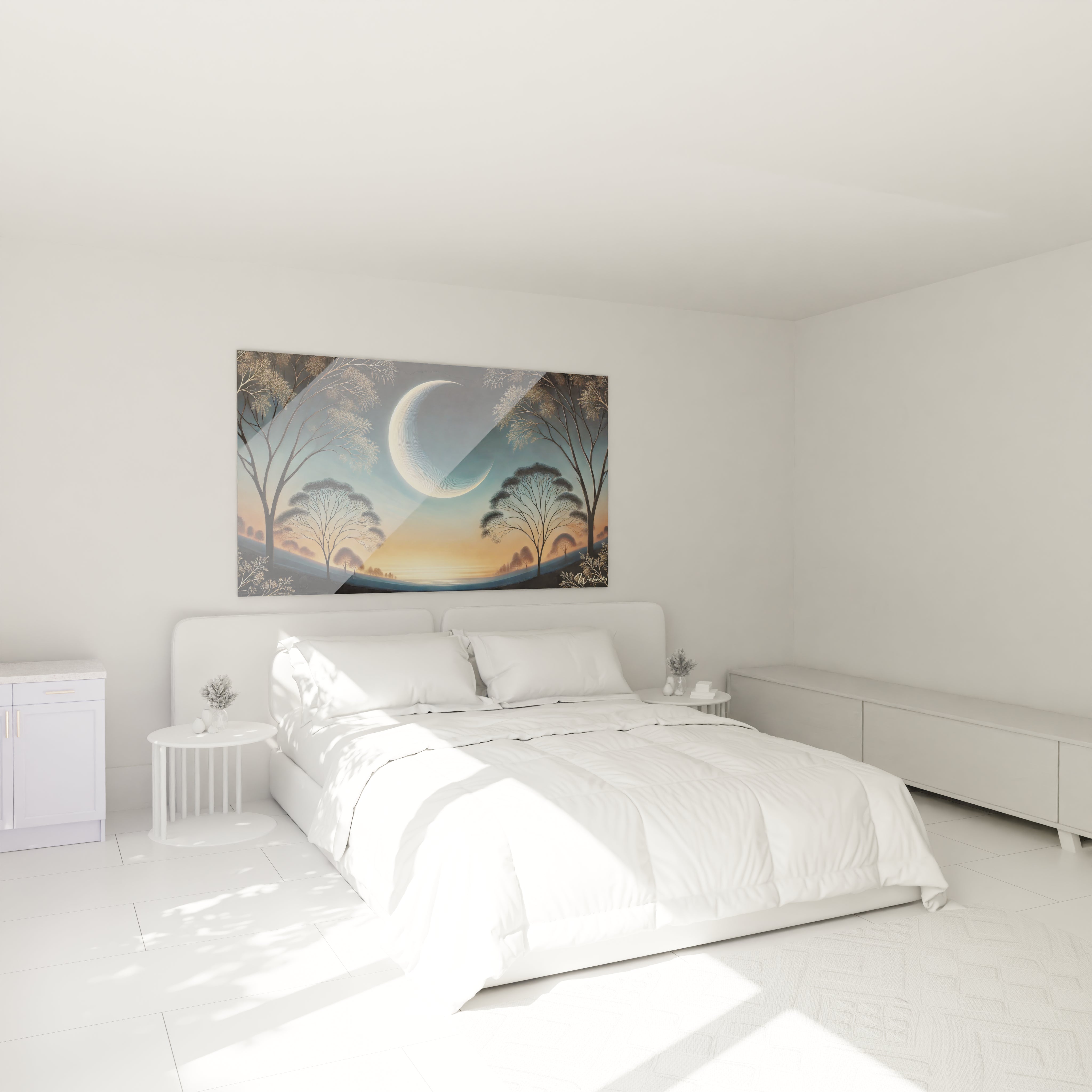 Ce tableau Lune illumine votre chambre. Suspendu au-dessus du lit, il apporte une serenite unique grace a ses nuances argentees et bleues. Laissez-vous bercer par cette ambiance apaisante.

