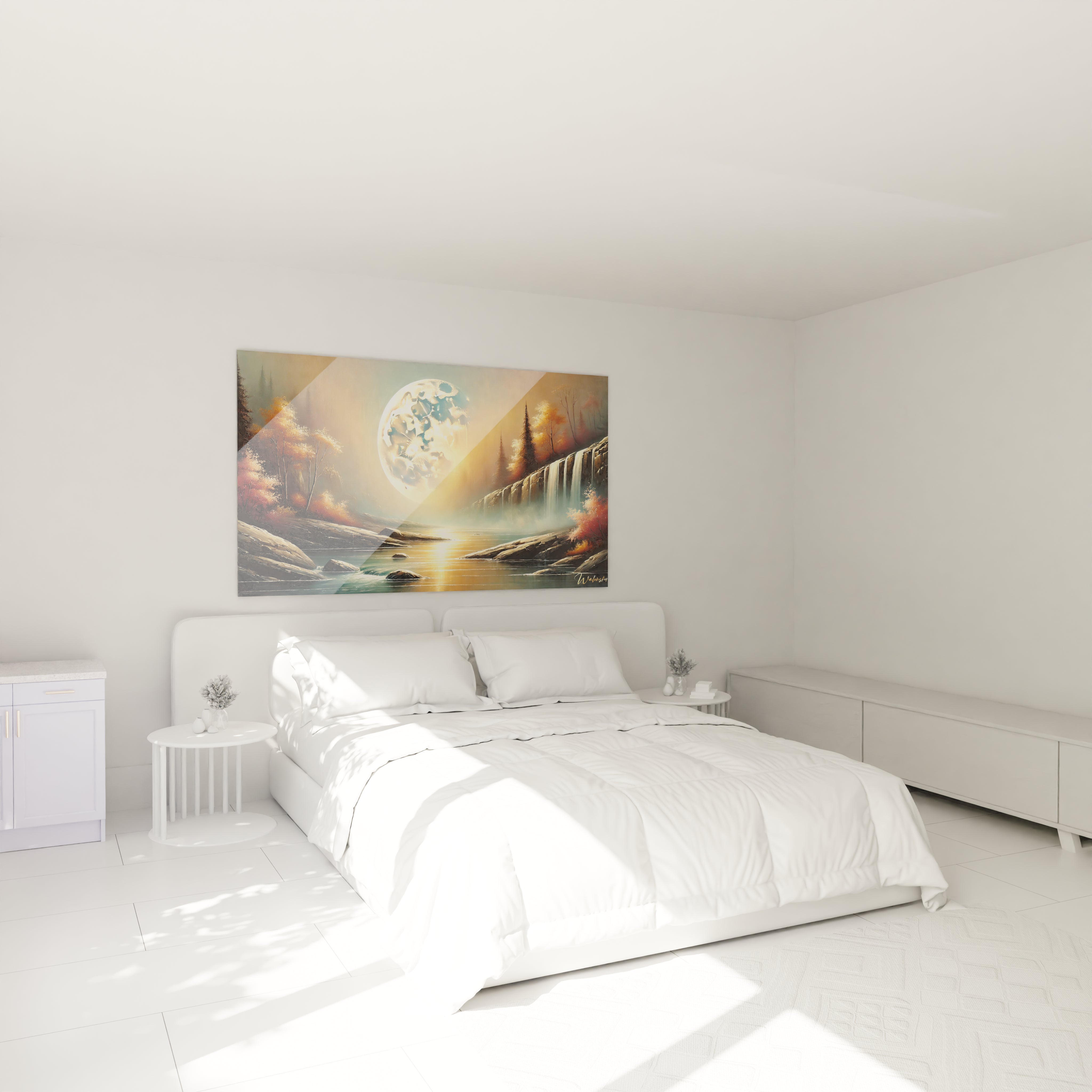 Dans une chambre, ce tableau Lune suspendu au-dessus du lit cree une ambiance apaisante et inspiree par la nature et le cosmos, favorisant relaxation et contemplation.

