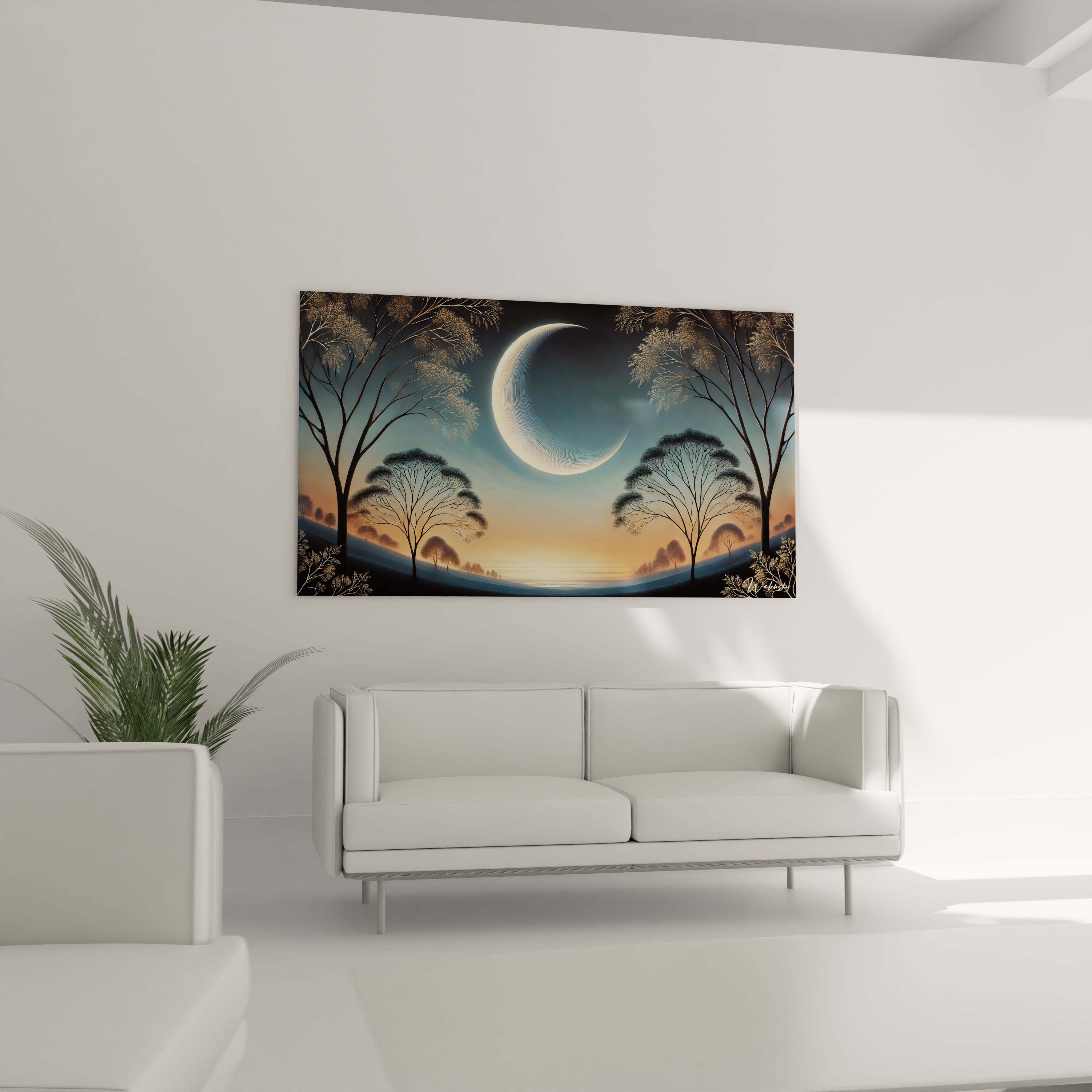 Transformez votre salon avec ce tableau Lune. Installe au-dessus du canape, il devient un point focal qui inspire calme et reflexion, parfait pour une decoration elegante et moderne.

