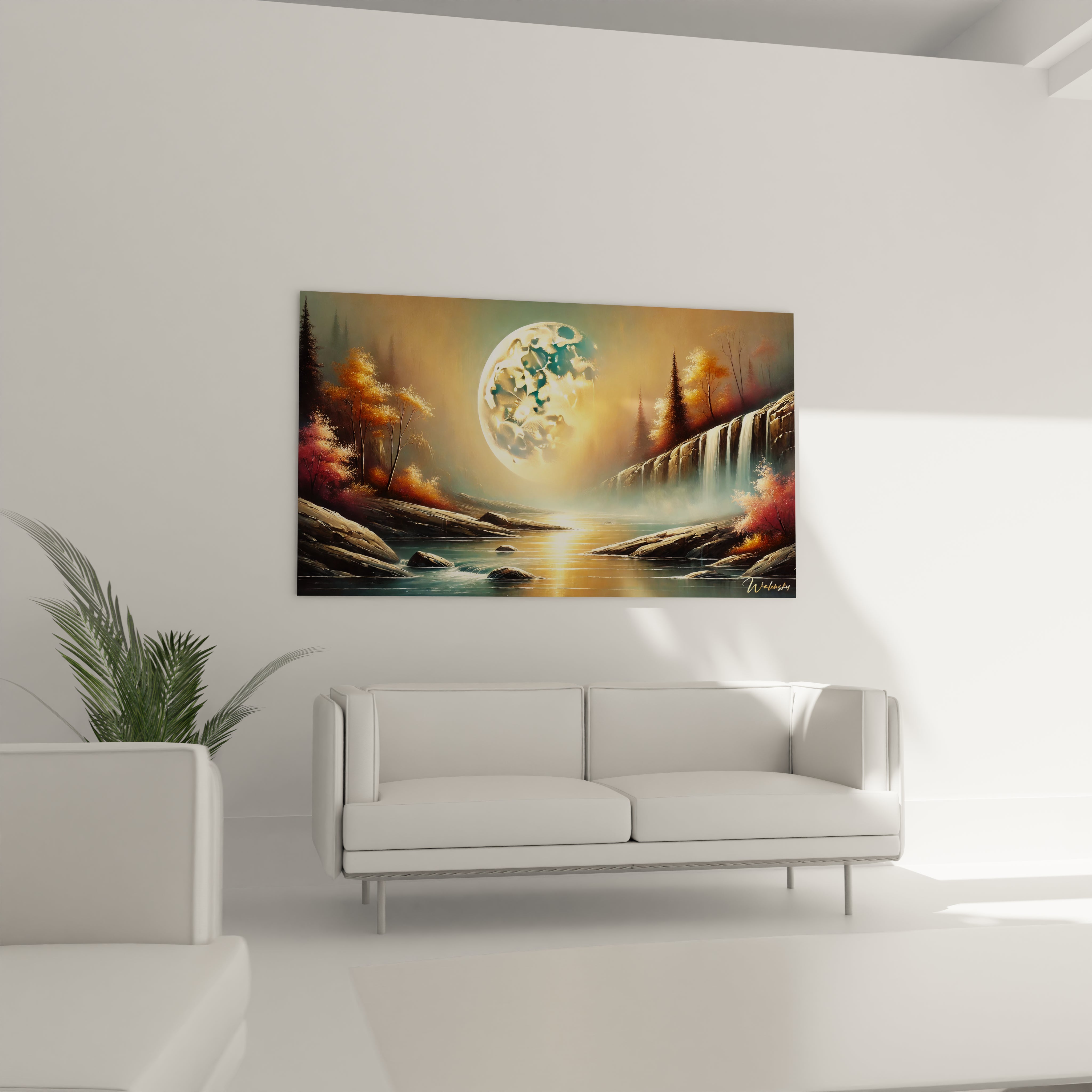 Accroche au-dessus d un canape, ce tableau Lune transforme votre salon en un espace elegant et onirique, avec une touche celeste captivante et harmonieuse.

