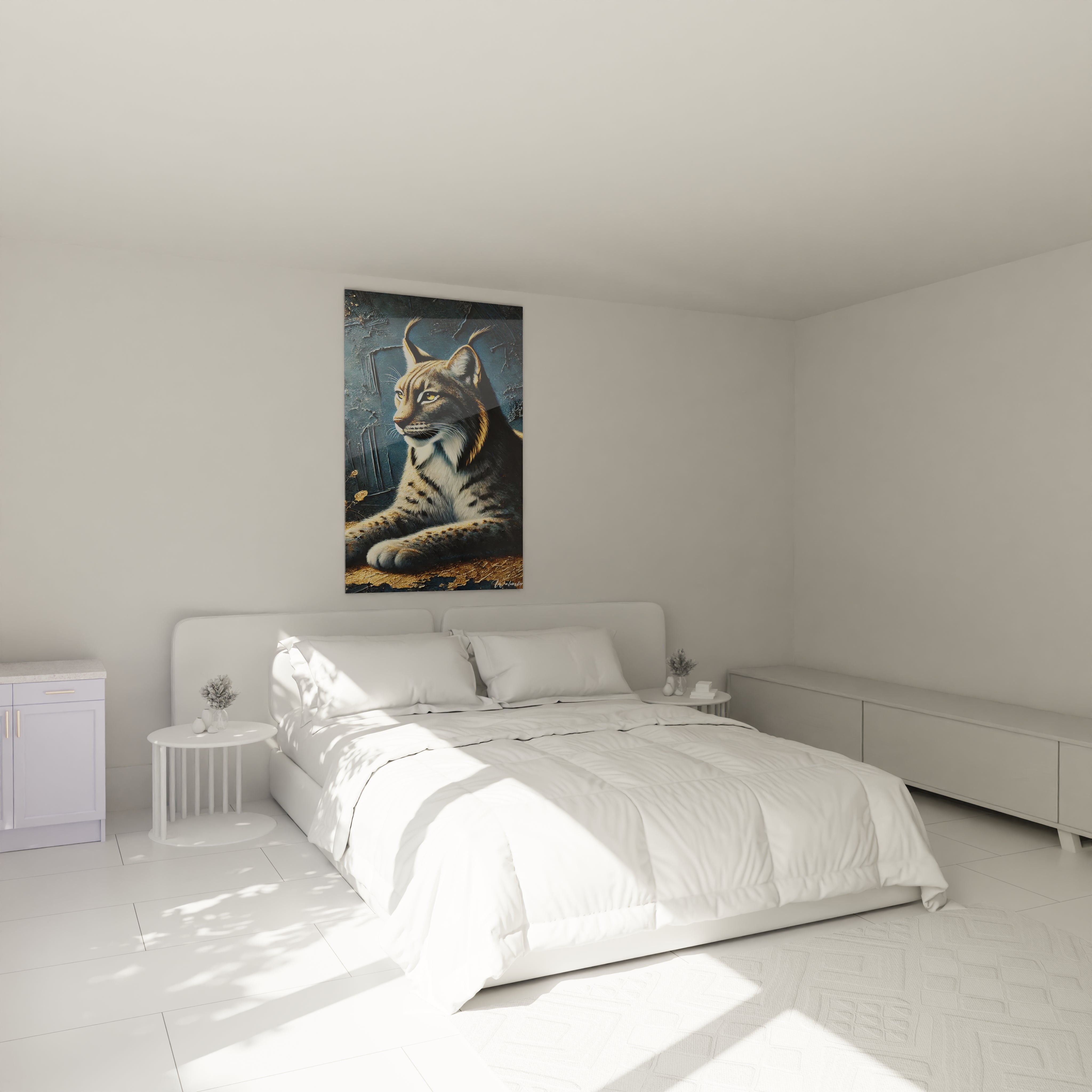 Admirez ce tableau lynx accroché au mur, apportant une touche de sérénité à votre chambre. Son élégance naturelle sublime l'espace au-dessus de votre lit.

