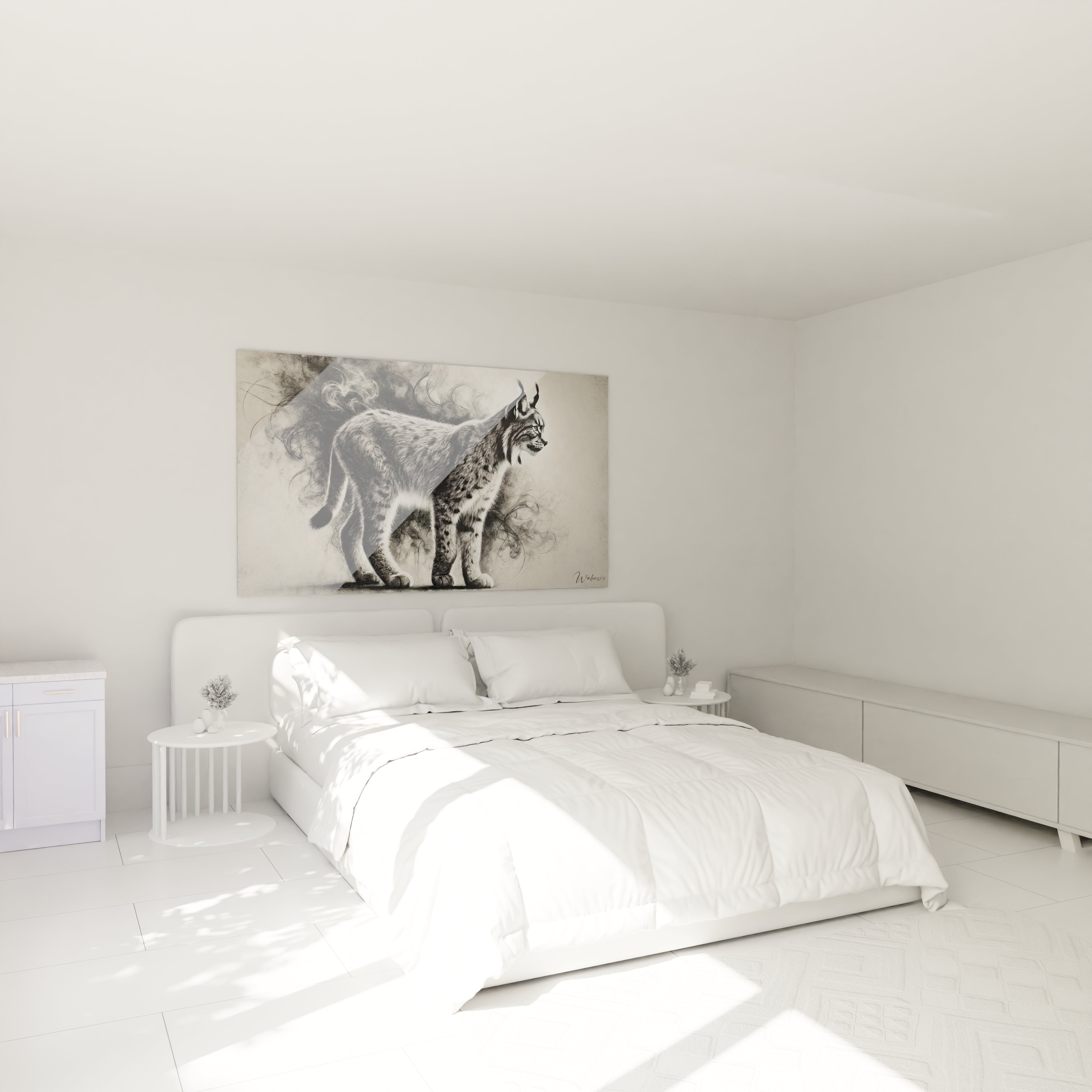 Le tableau lynx accroché au-dessus du lit apporte une touche sauvage à votre chambre. Son réalisme et sa palette monochrome créent une ambiance élégante. Un choix parfait pour une décoration inspirante.

