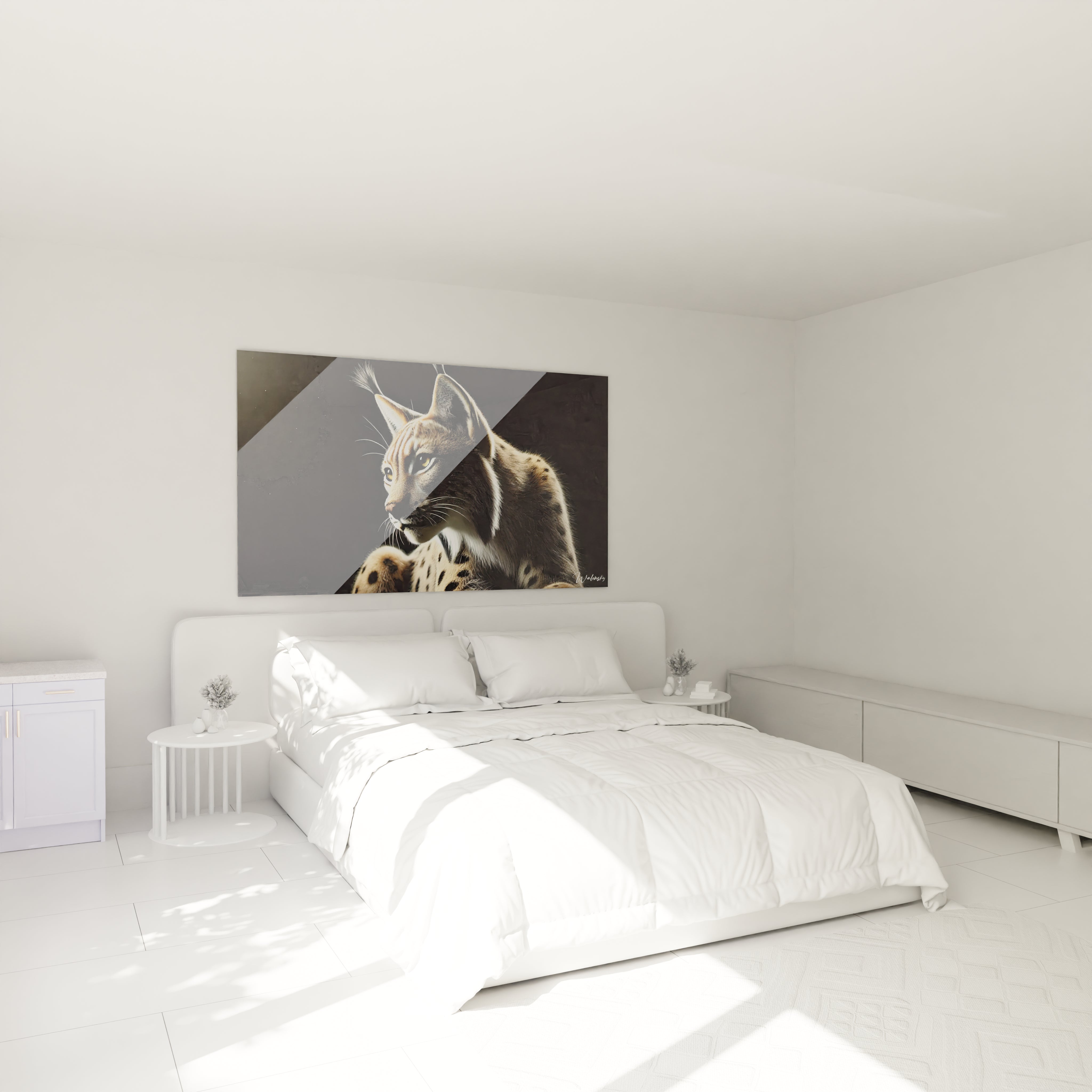 Découvrez ce tableau lynx accroché au-dessus du lit, apportant une touche sauvage et artistique à votre chambre. Un choix parfait pour un décor moderne et inspirant.

