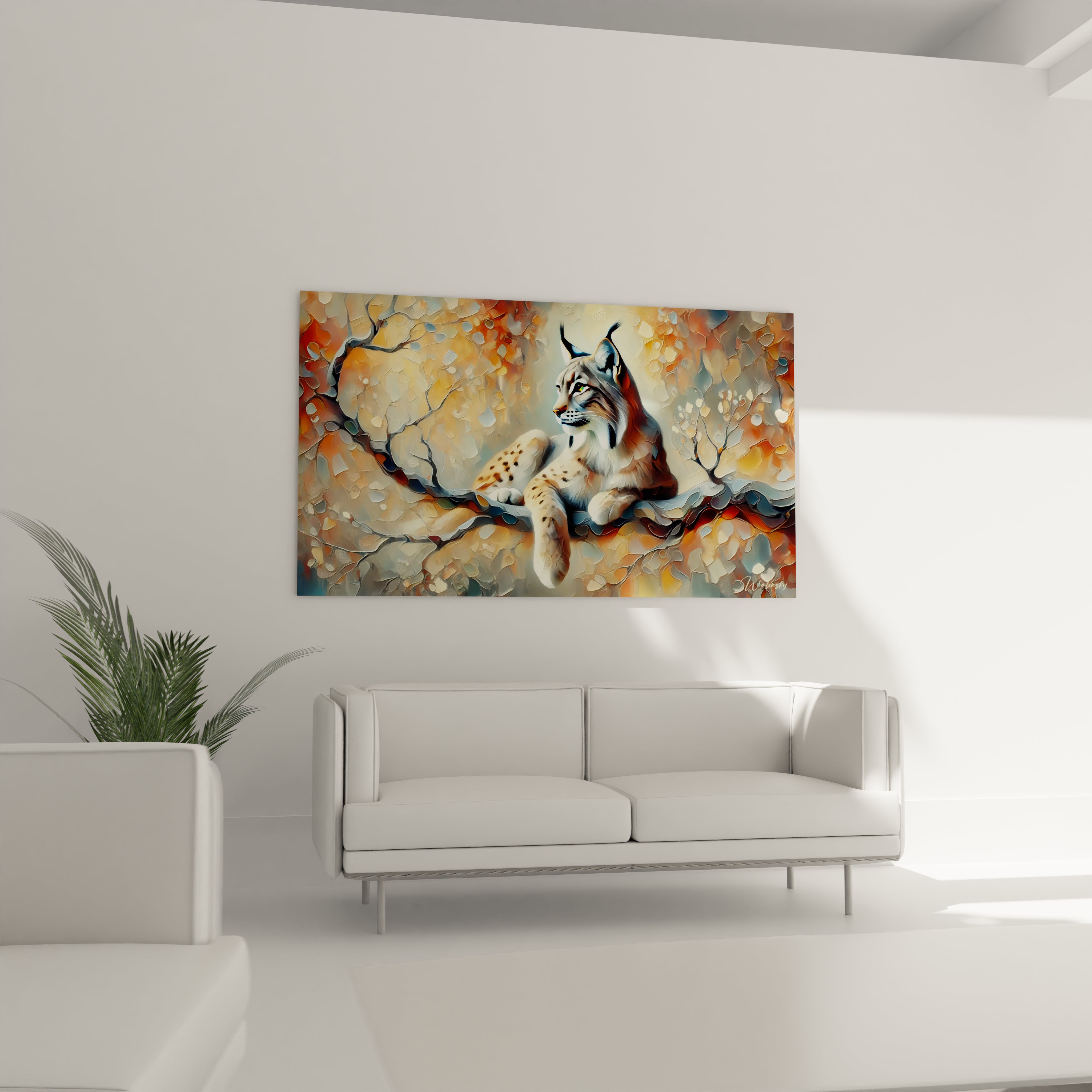 Dans votre salon, ce tableau lynx illumine l'espace avec ses teintes chaudes. Il évoque une connexion naturelle et invite à la réflexion, parfait pour un décor moderne ou classique.

