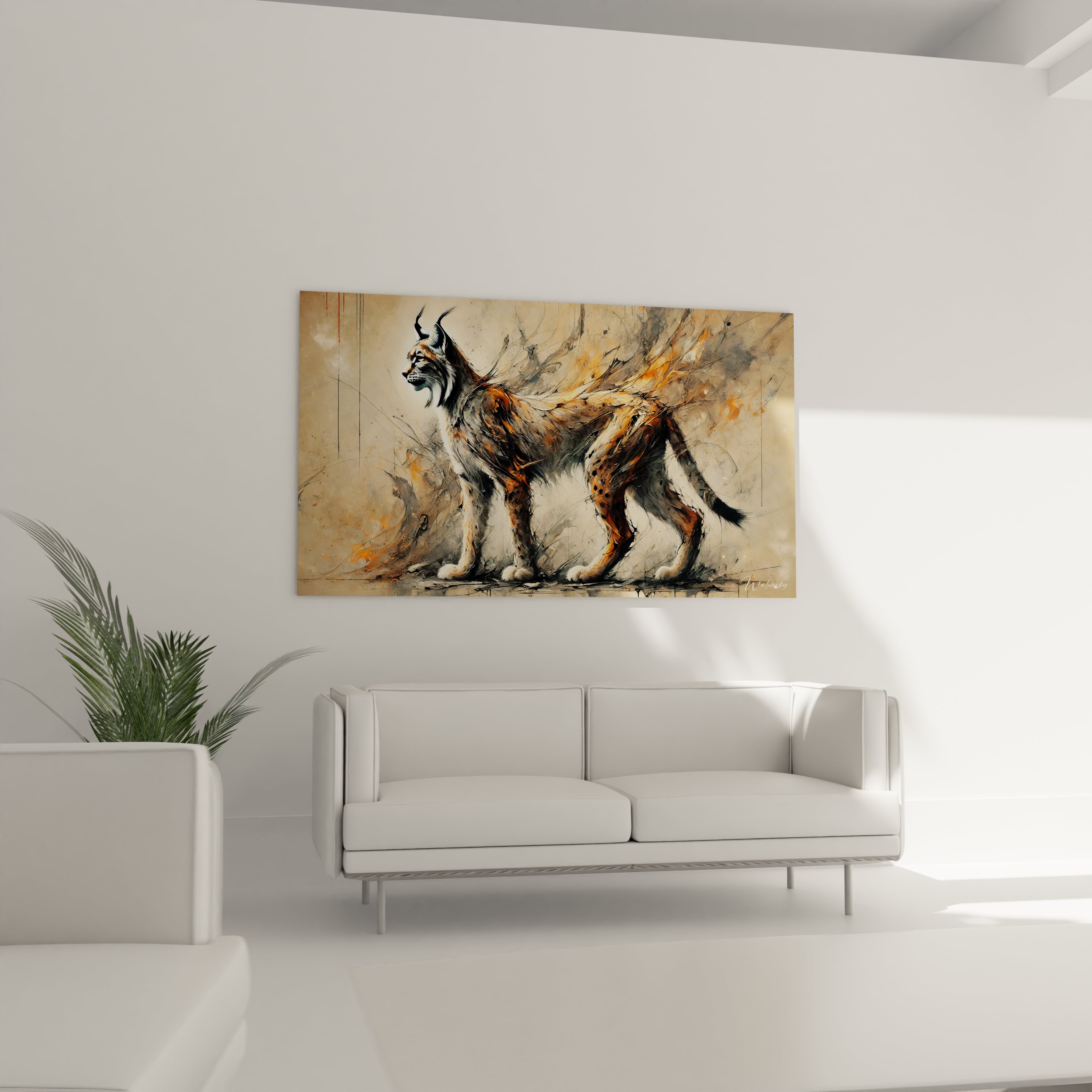 Le tableau lynx dans le salon, accroché au-dessus du canapé, évoque une connexion avec la nature et ajoute une dimension dynamique à votre espace.

