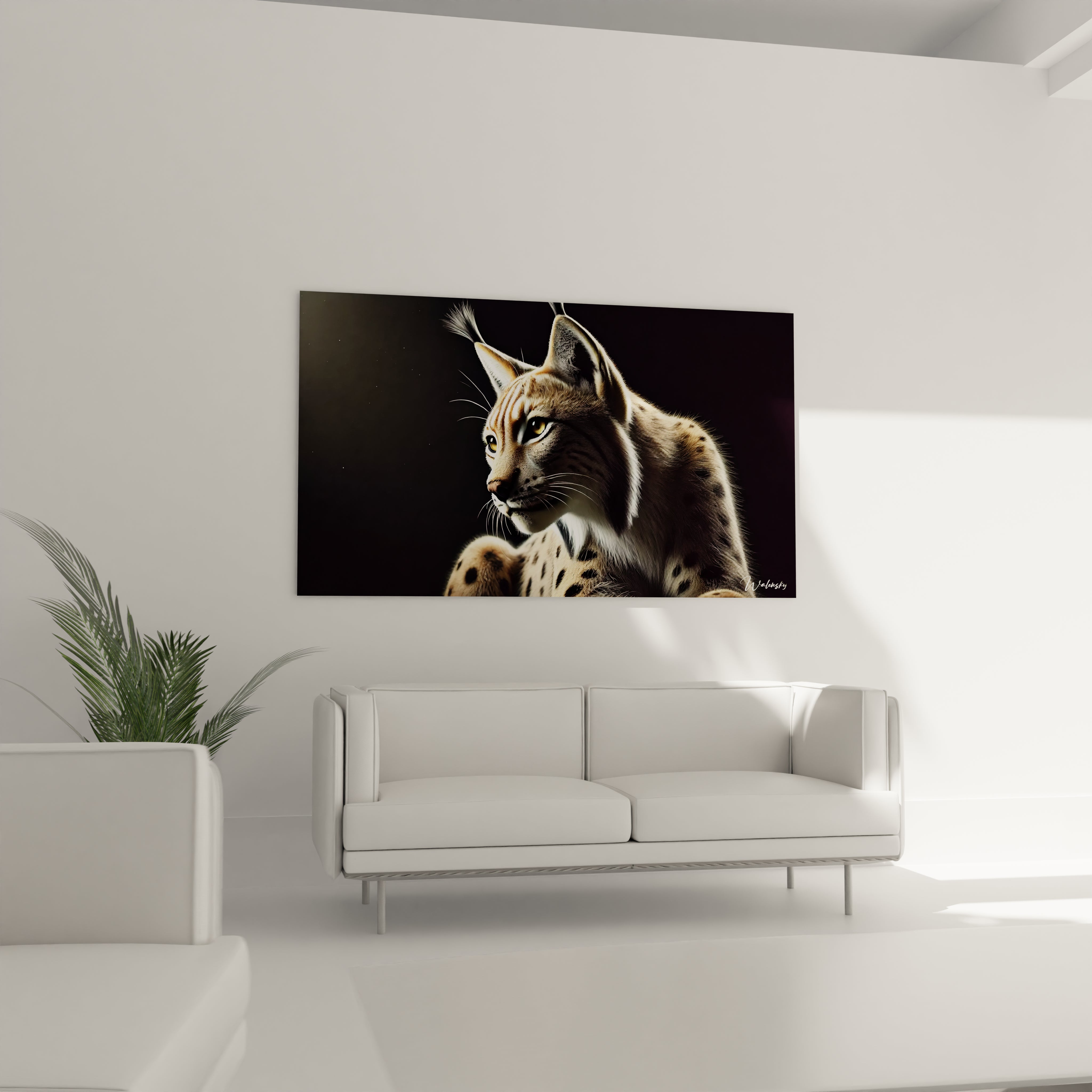 Admirez ce tableau lynx au-dessus d'un canapé dans le salon. Son fond sombre et sa finesse créent un point focal captivant, idéal pour rehausser votre espace de vie.

