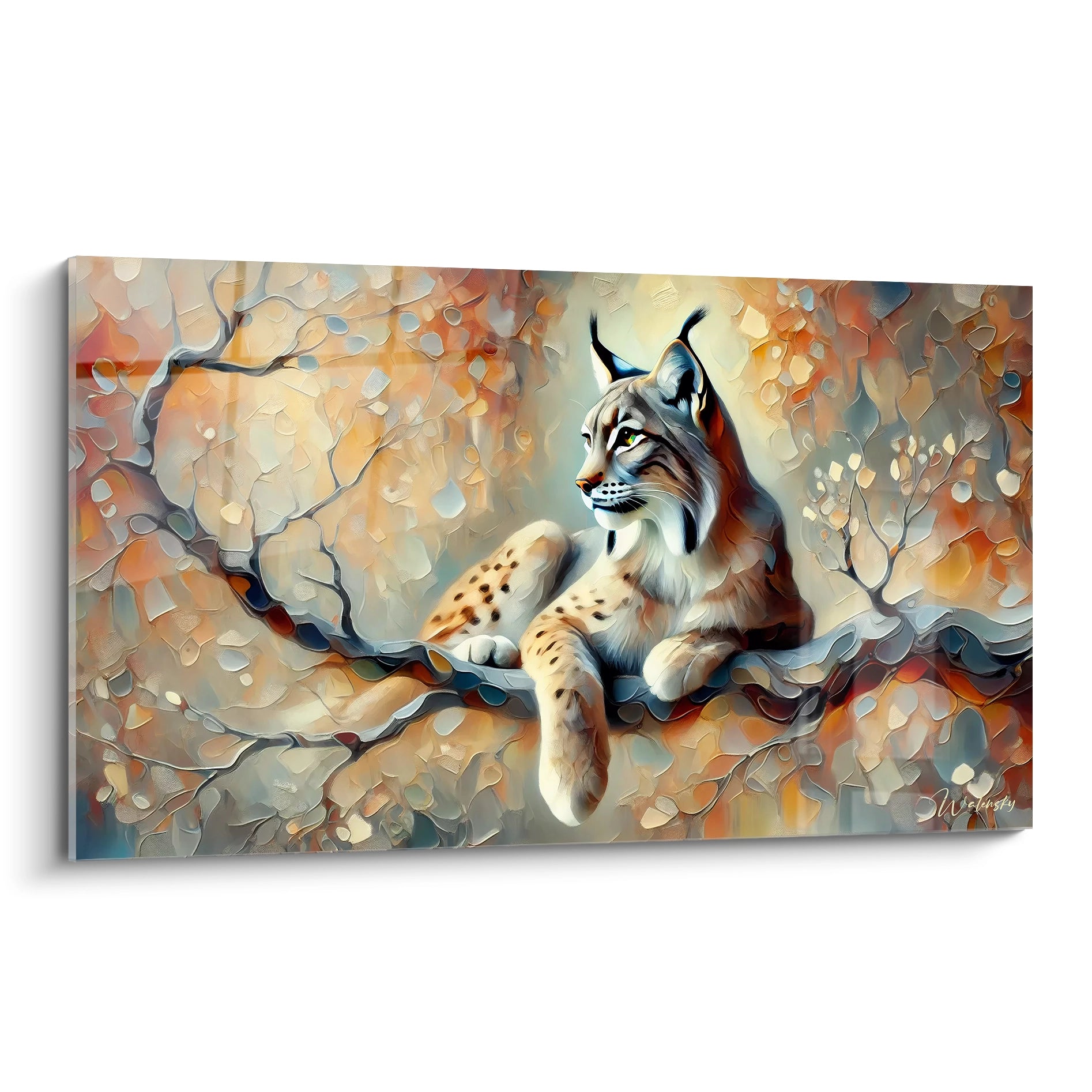 Ce tableau lynx capture la beauté de cet animal sauvage dans un style abstrait. Les couleurs chaleureuses apportent une profondeur à l'œuvre, créant une ambiance apaisante.

