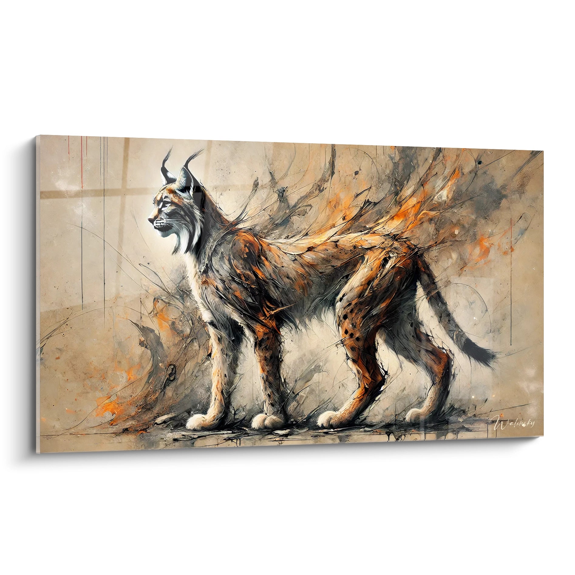 Ce tableau lynx illustre la force et la beauté sauvage de cet animal majestueux, capturant son pelage épais et ses mouvements fluides.

