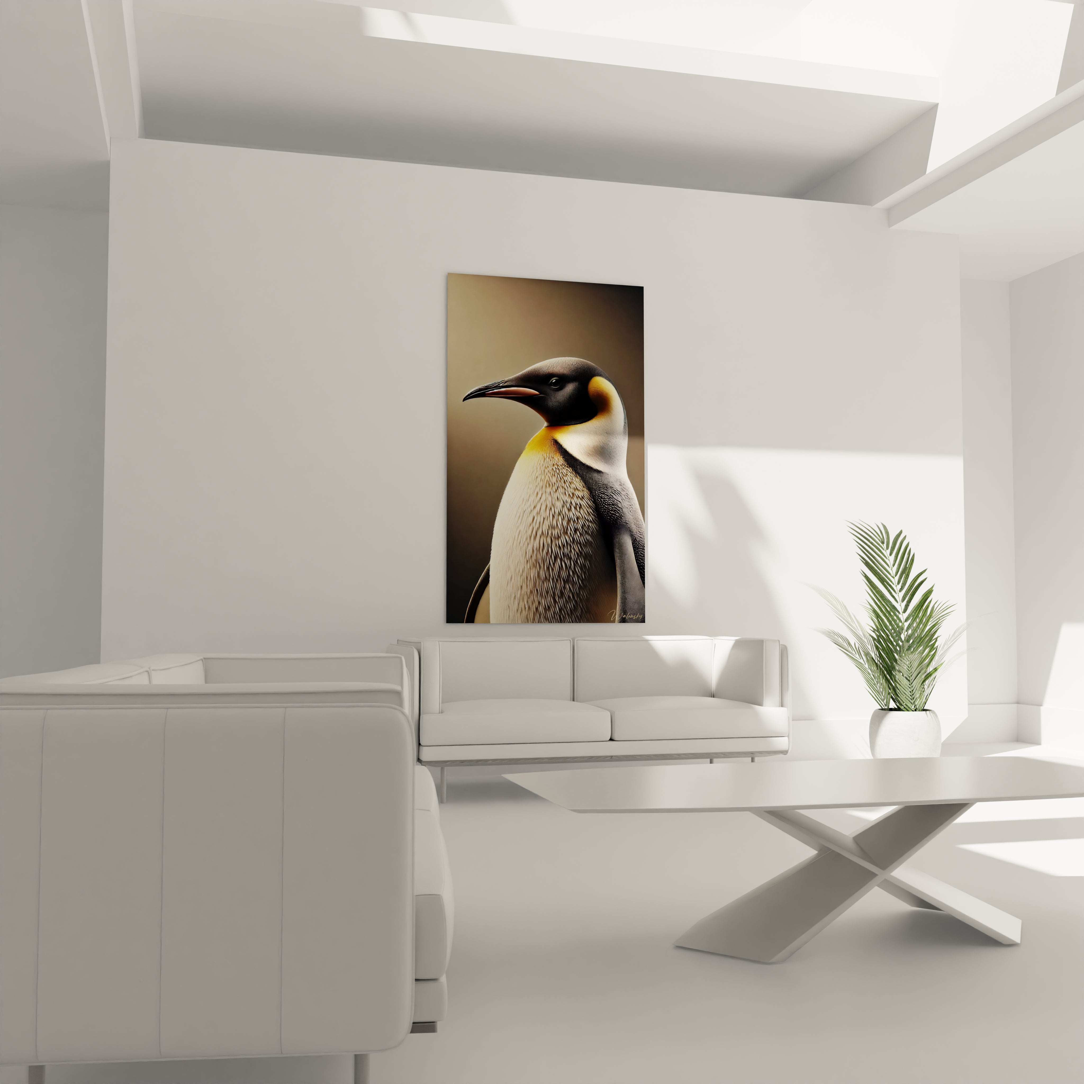 tableau manchot dans un salon, accroché au-dessus du canapé, capturant la majesté de cet oiseau polaire. Les couleurs noir, jaune et blanc s'intègrent parfaitement dans un intérieur contemporain.

