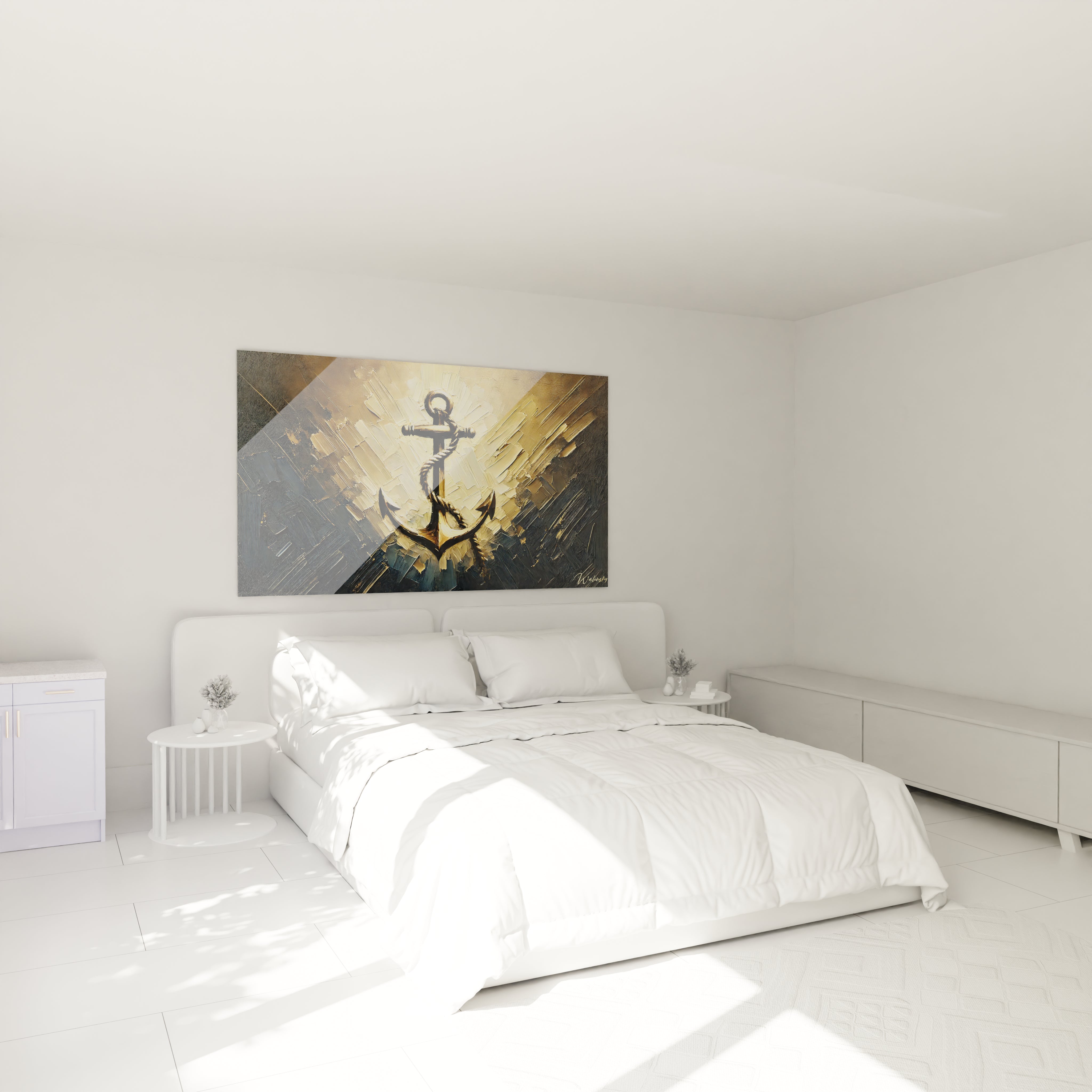 Dans une chambre apaisante, le Tableau Marin, suspendu au-dessus du lit, emane une energie de calme et de resilience. Ses teintes marine et or ajoutent chaleur et serenité.

