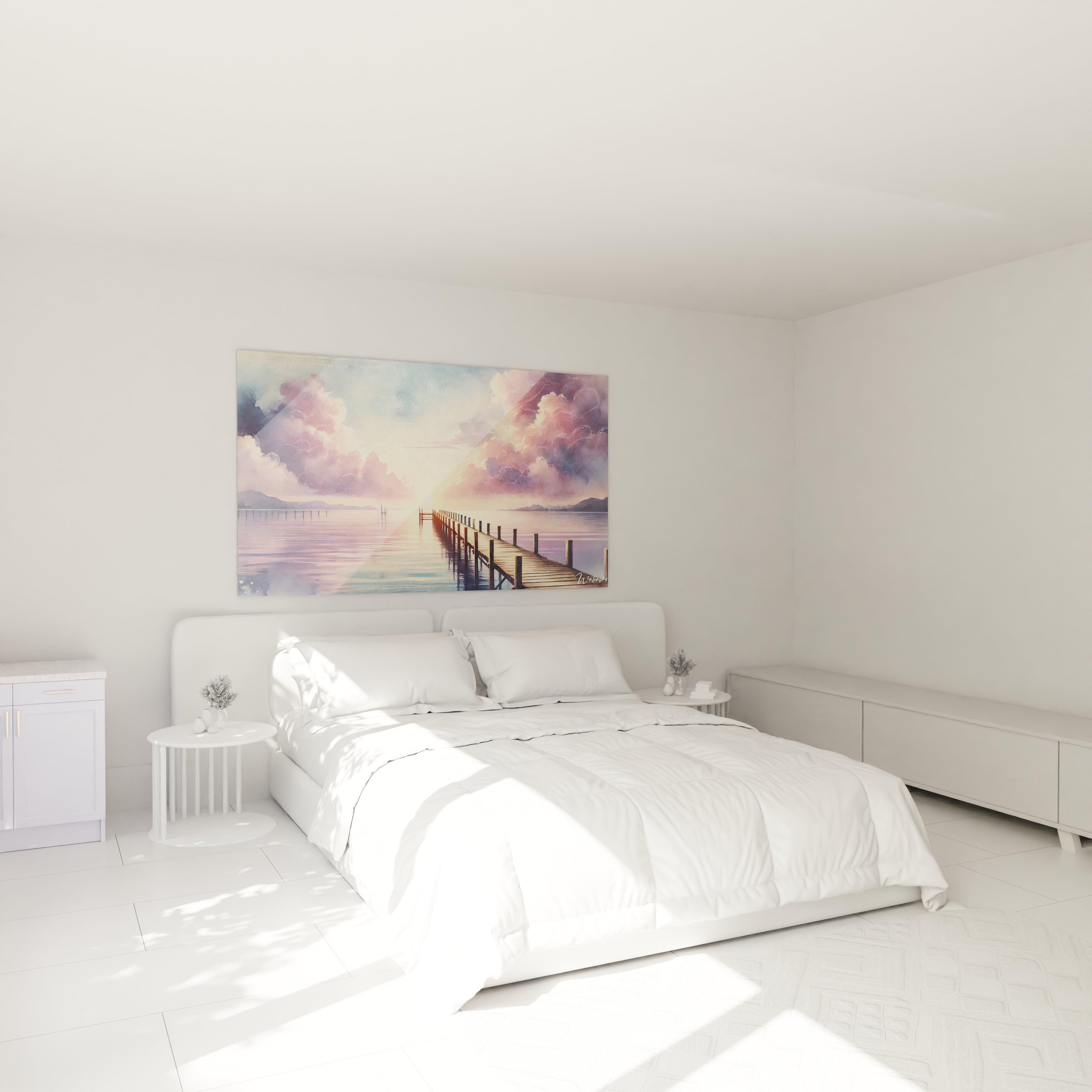 tableau Marin accroché au mur dans une chambre au dessus du lit offrant une ambiance de serenite inspiree par les nuances douces de violet et rose parfait pour une decoration apaisante et intime

