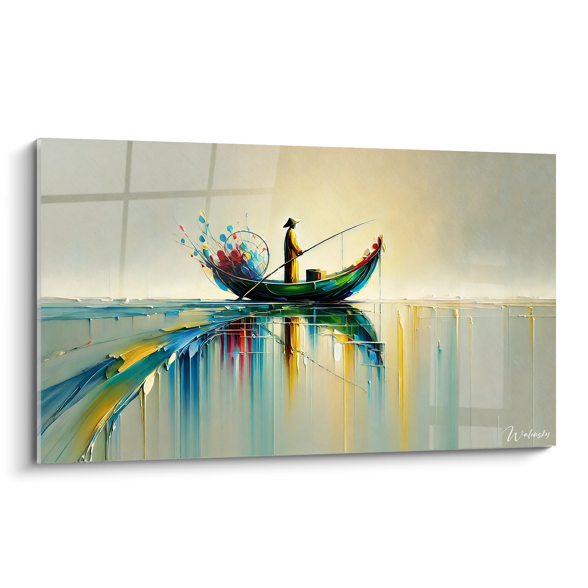 Tableau Marin vue de biais capturant une scène paisible entre rêve et réalité. Couleurs vibrantes et reflets texturés créent une atmosphère apaisante et contemplative. Ideal pour un espace calme

