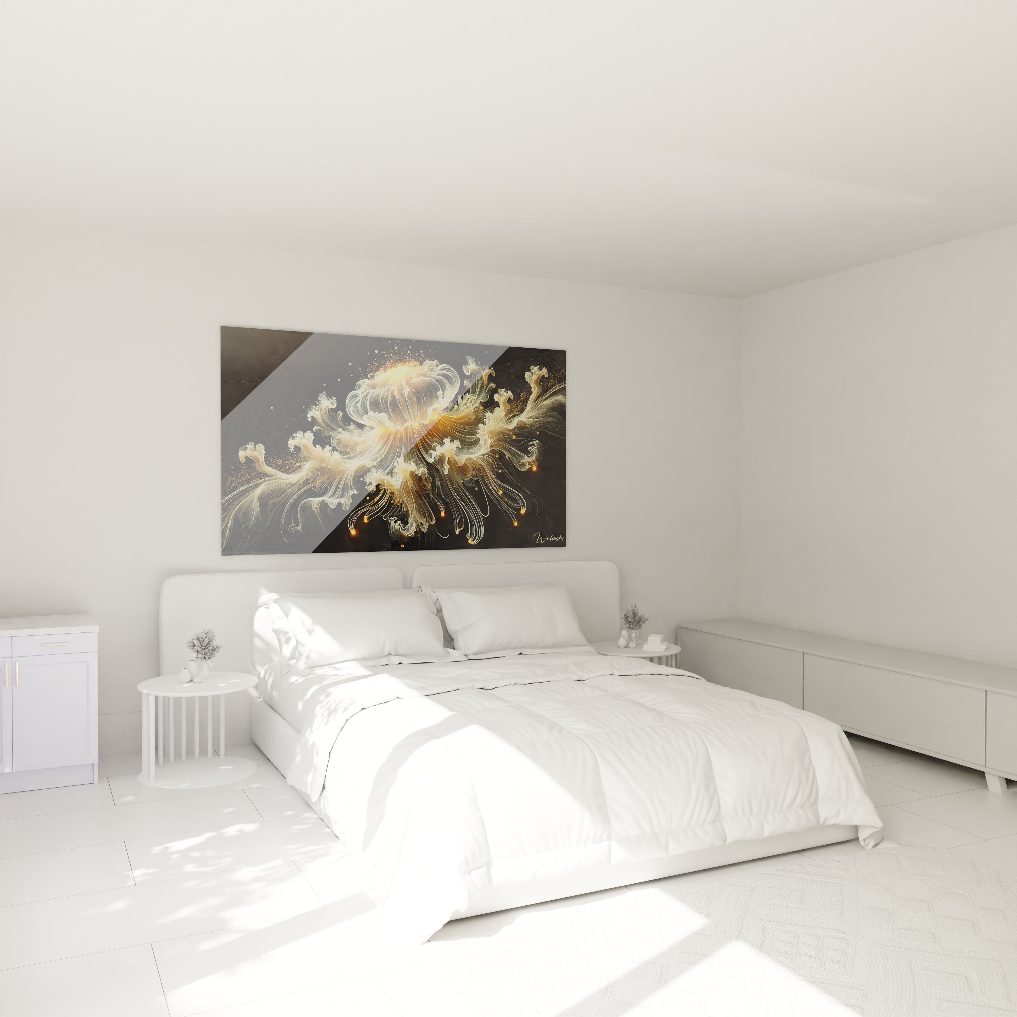 Accroché au-dessus du lit, ce tableau méduse transforme votre chambre en un sanctuaire de sérénité. Ses couleurs vives illuminent l'espace, ajoutant une touche moderne et apaisante à votre décor.

