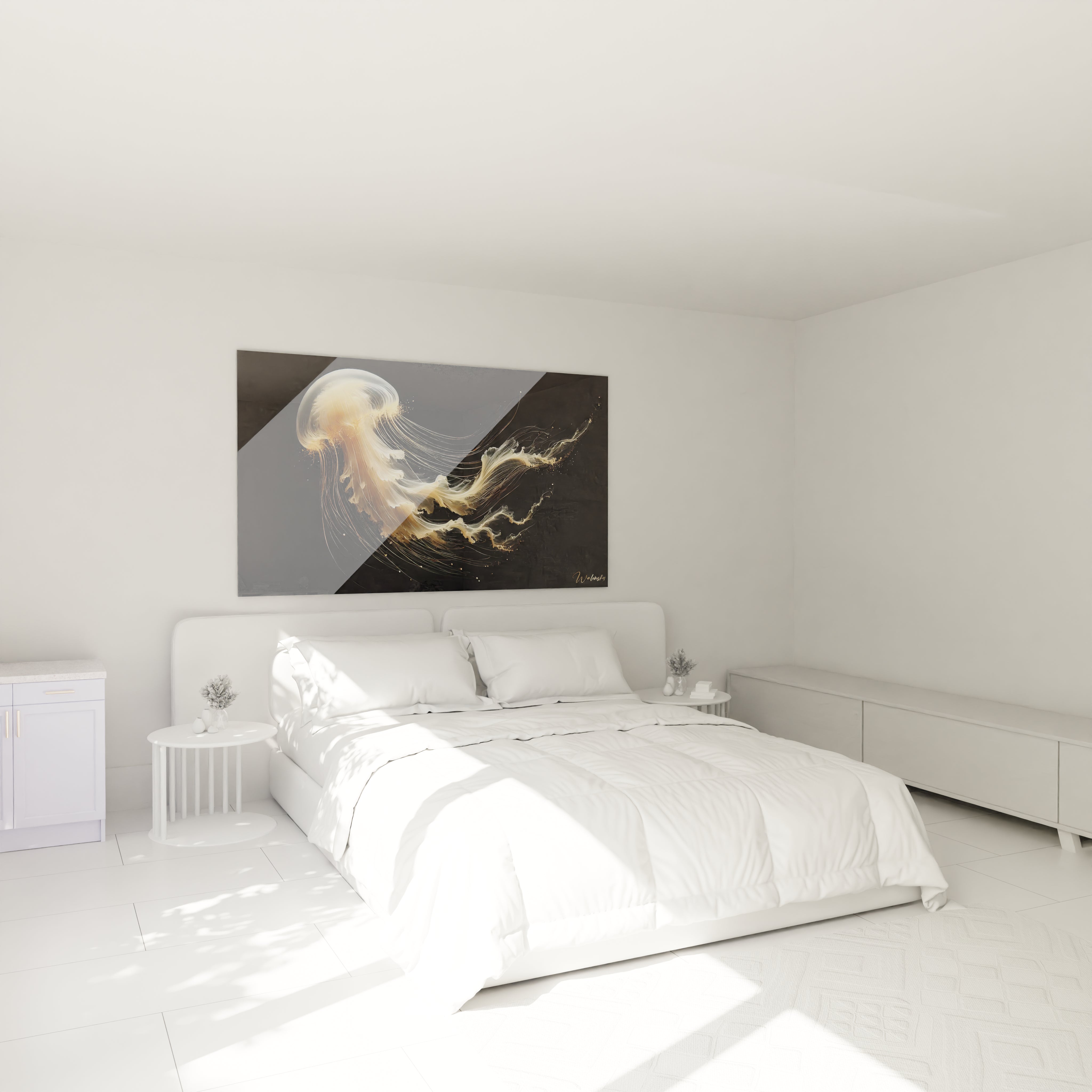 Dans cette chambre, le tableau méduse s'accroche au mur au-dessus du lit, apportant une touche de sophistication. Son fond sombre met en valeur la beauté des tentacules dorés.

