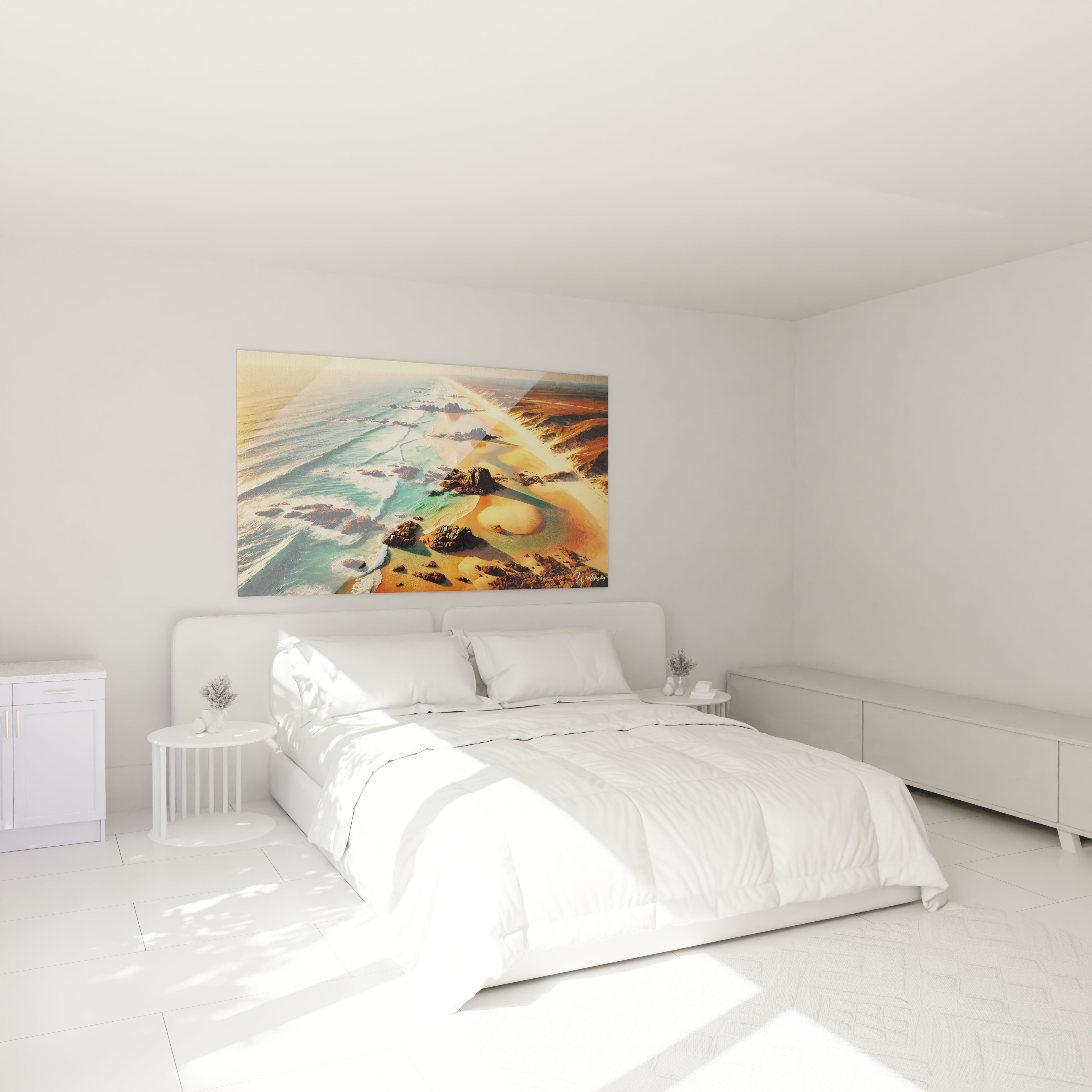 Admirez le tableau Mer accroché au-dessus du lit dans une chambre apaisante. Ses couleurs turquoise et dorées ajoutent une touche de sérénité à votre espace de repos.

