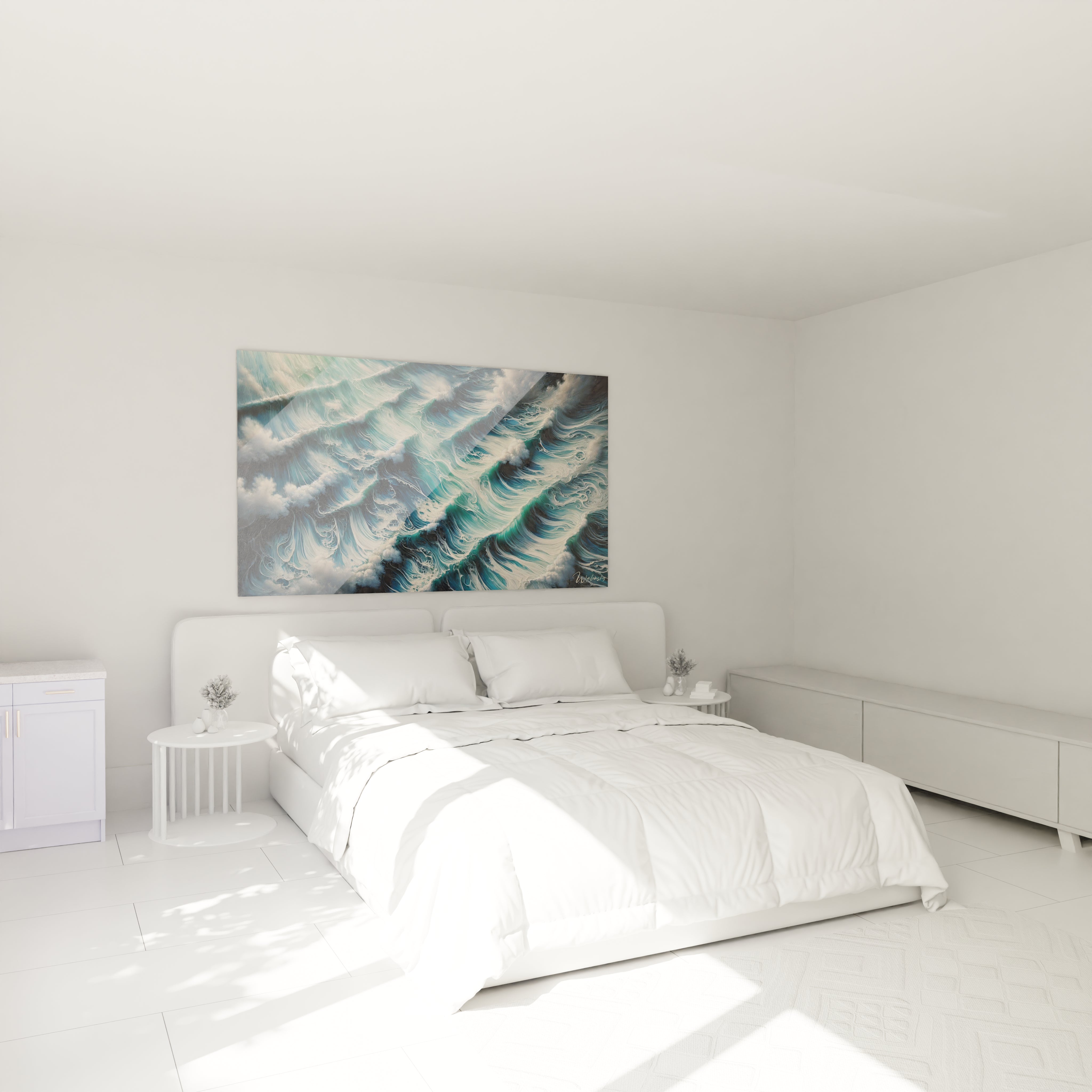 Dans cette chambre, le tableau Mer au-dessus du lit transforme l'espace en un havre de paix, invitant à la contemplation des vagues hypnotiques de l'océan.

