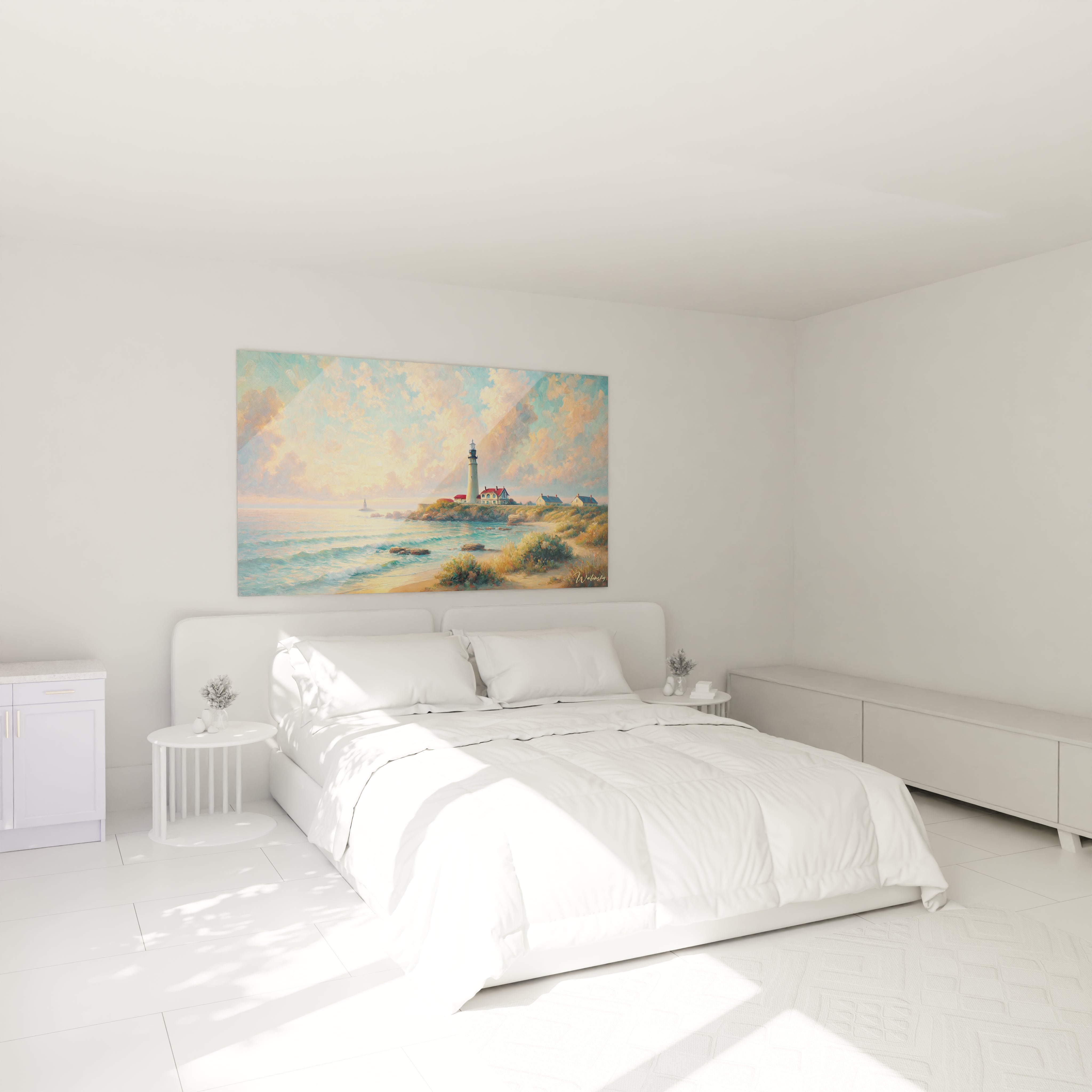 Transformez votre chambre avec ce tableau Mer accroché au-dessus du lit. Il évoque la sérénité du bord de mer, apportant une atmosphère apaisante à votre espace de repos.

