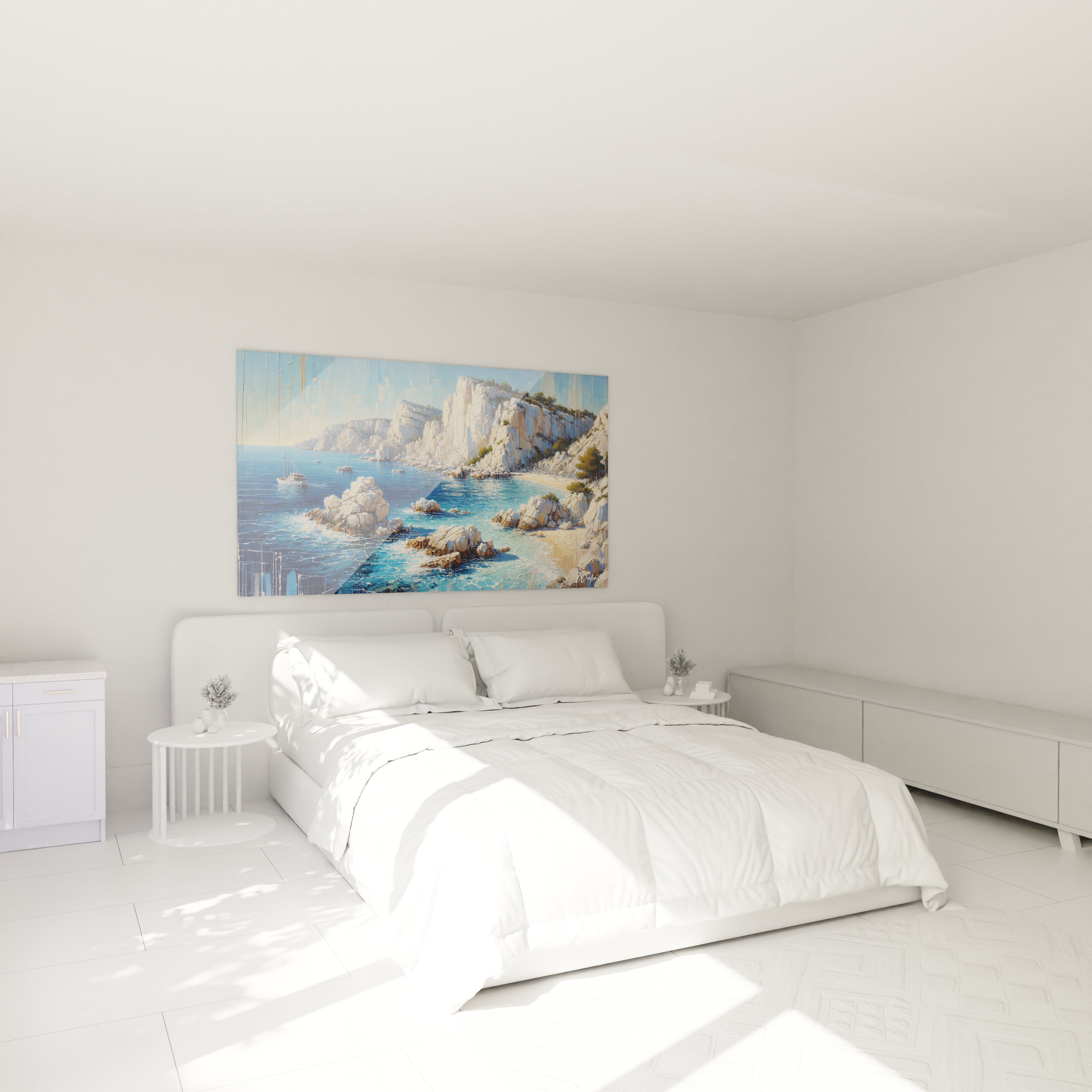 Dans la chambre, ce tableau Mer accroché au-dessus du lit crée une ambiance apaisante. Ses couleurs bleu et beige ajoutent une touche de tranquillité à votre espace de repos.

