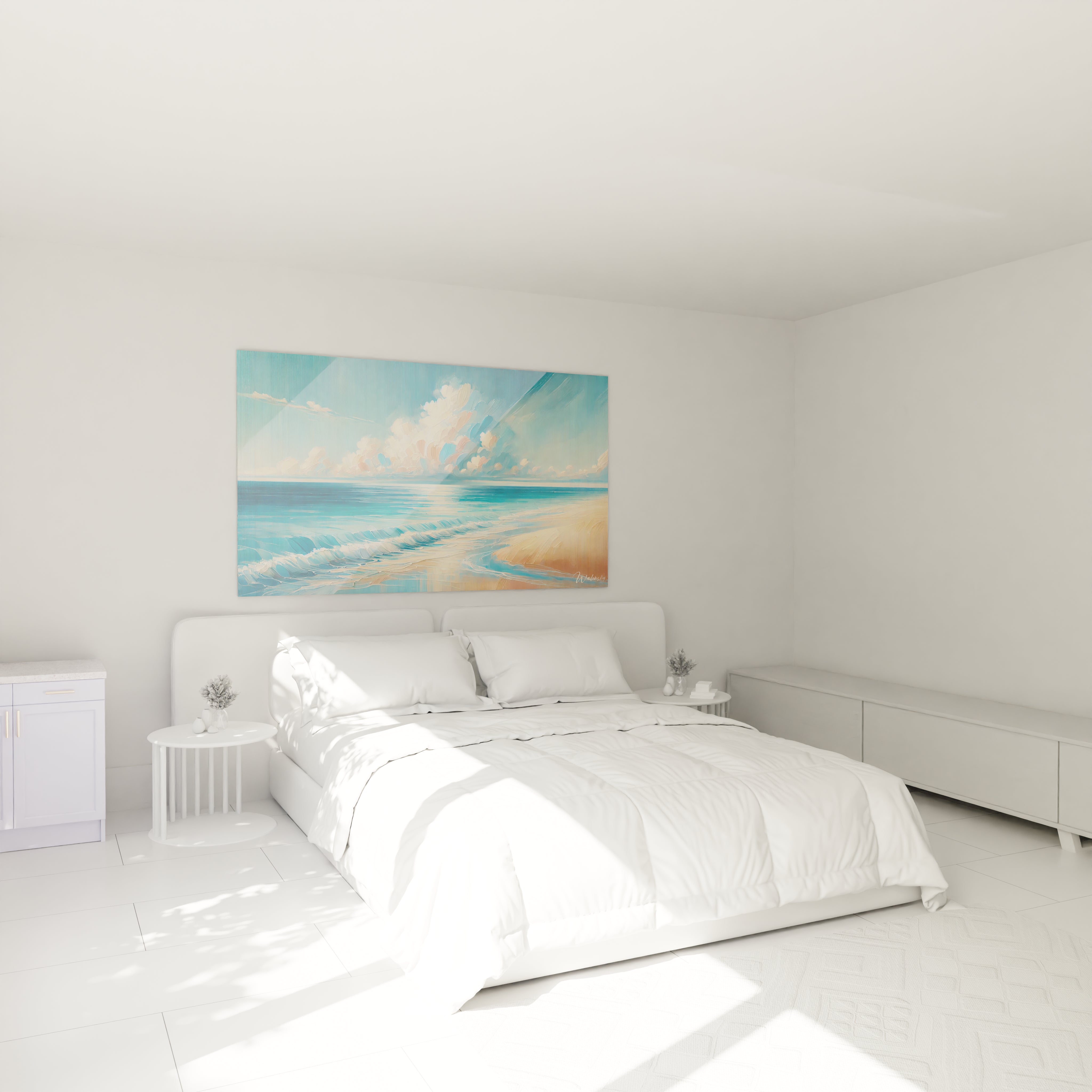 Dans cette chambre, le tableau Mer embellit le mur au-dessus du lit. Sa représentation apaisante invite à l'évasion, transformant l'espace en un havre de paix et de tranquillité.

