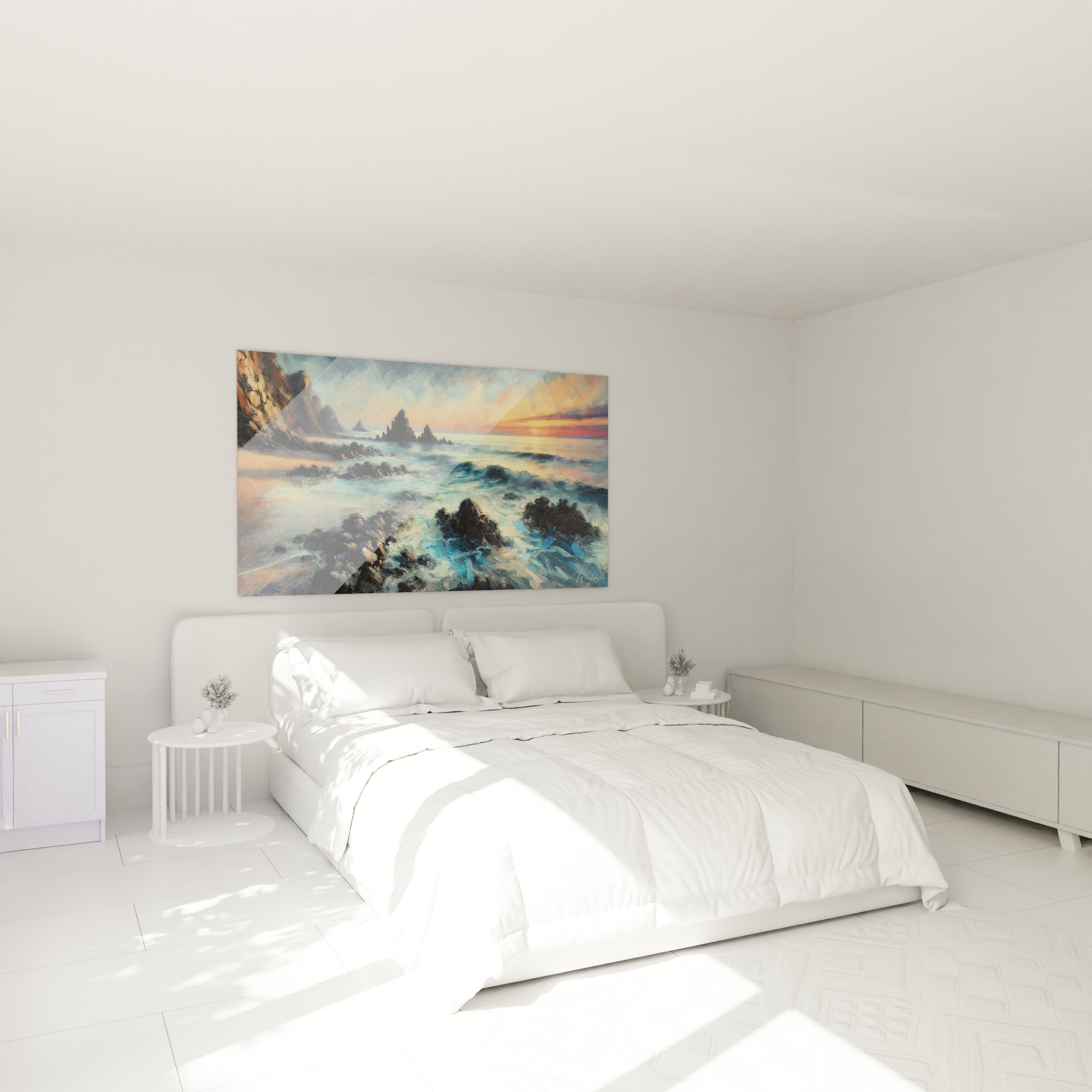 Ce tableau Mer embellit votre chambre, accroché au-dessus du lit. Il évoque l'énergie des vagues au coucher de soleil, créant une ambiance apaisante et dynamique.

