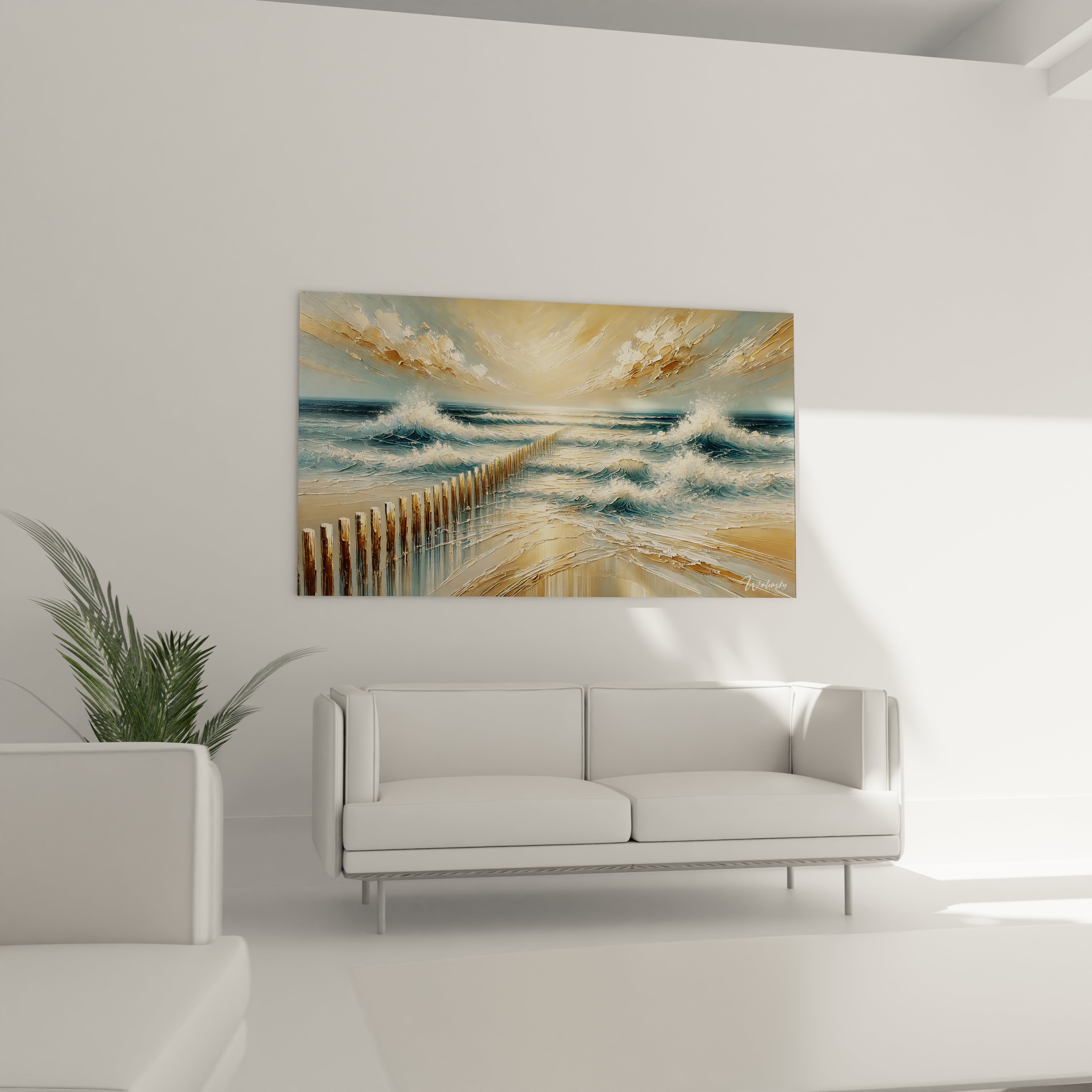 Ce tableau Mer embellit un salon au-dessus du canapé. Avec ses vagues animées et son style contemporain, il invite à la contemplation et à l'évasion.

