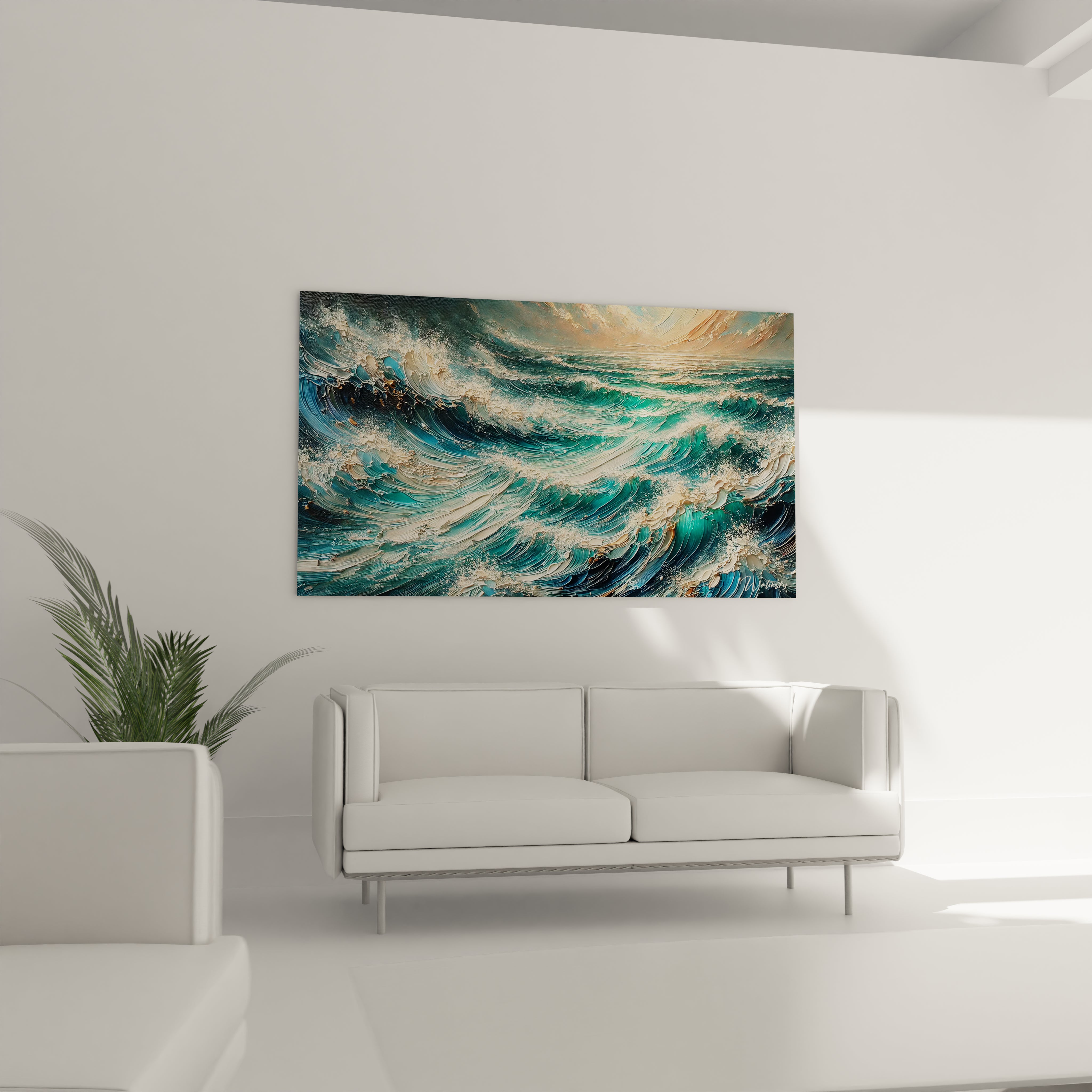 Dans le salon, ce tableau Mer sublime votre décoration, ajoutant une ambiance dynamique et apaisante grâce aux nuances de bleu et de turquoise.

