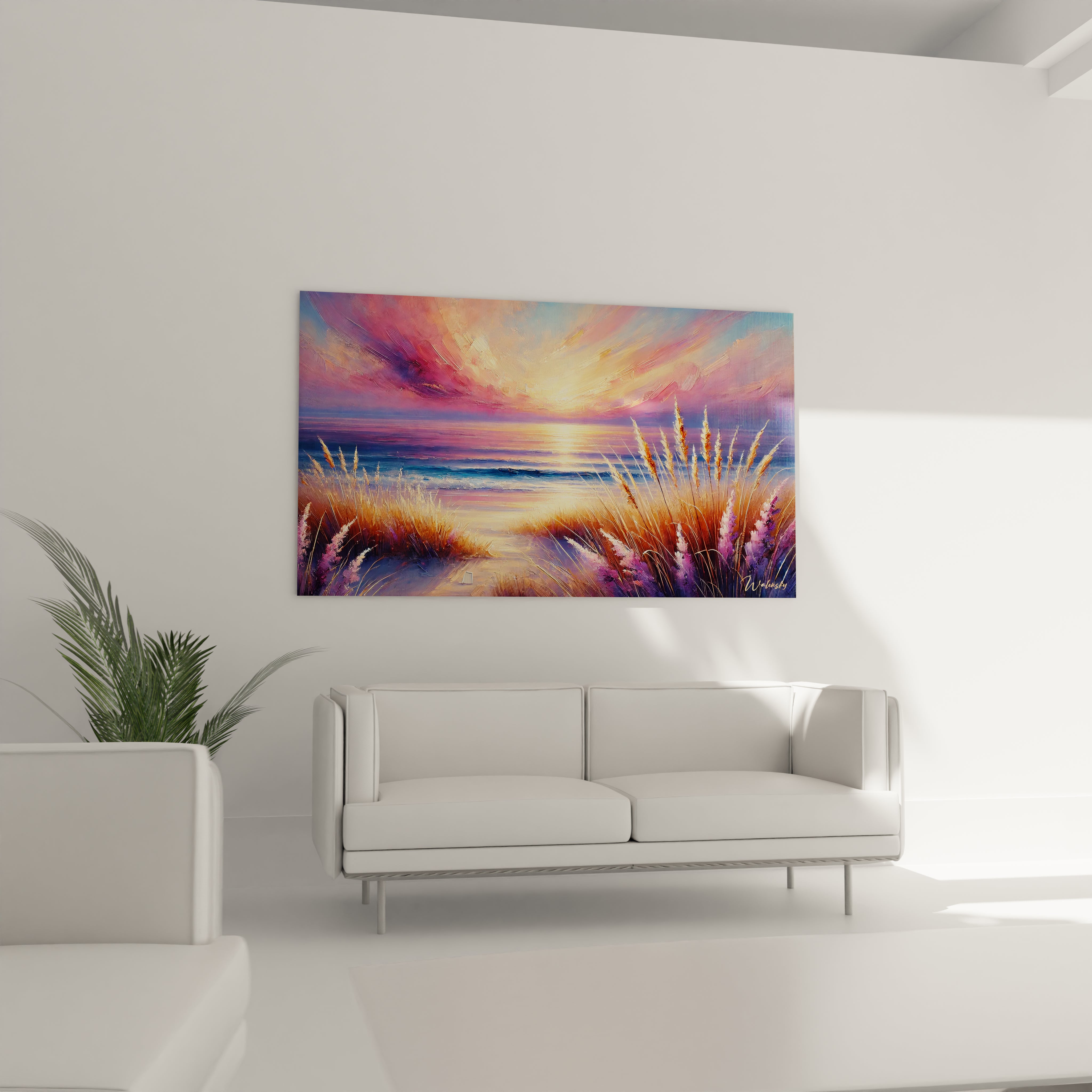 Apportez une touche artistique à votre salon avec ce tableau Mer, suspendu au-dessus du canapé. Ses teintes vibrantes évoquent la beauté tranquille de la nature.

