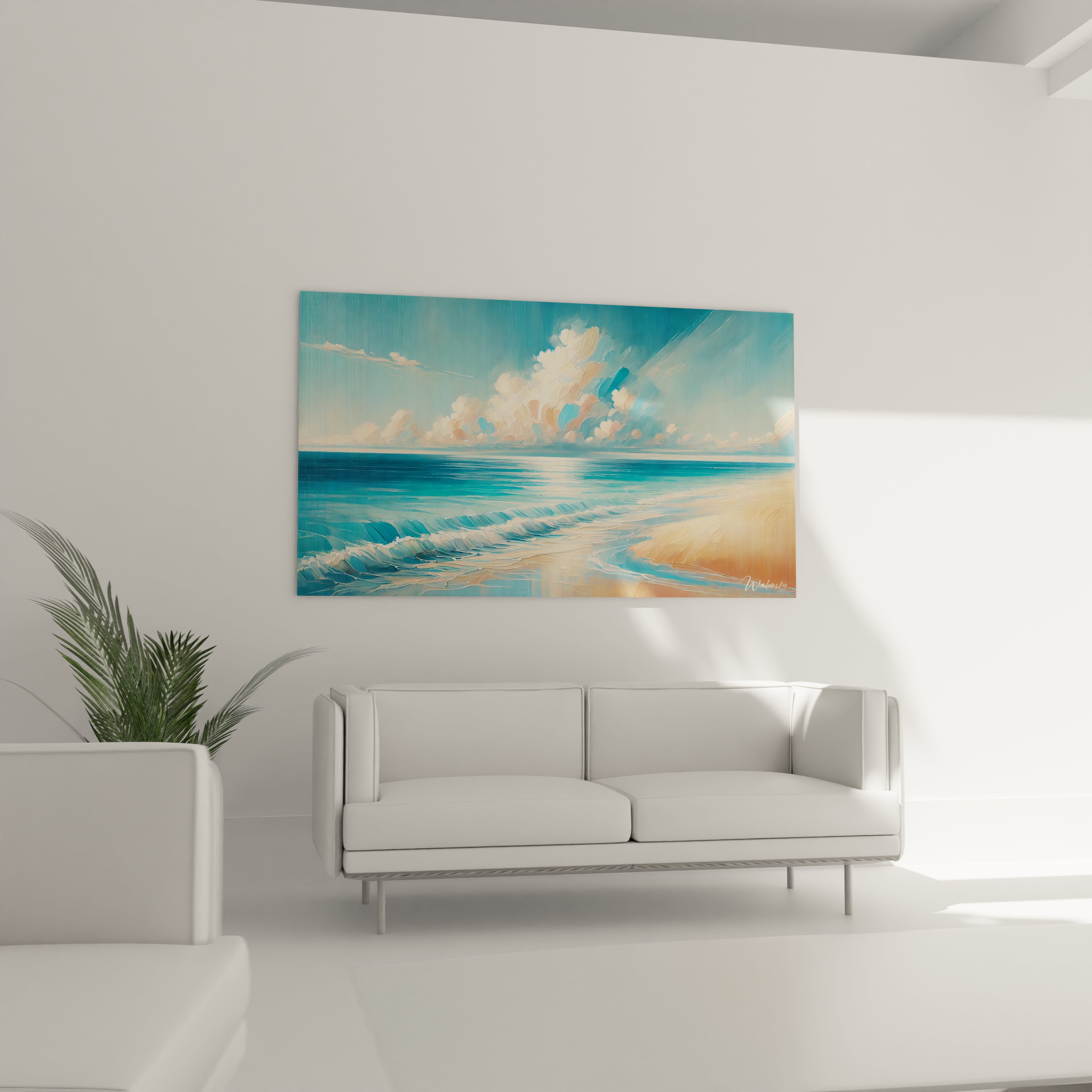 Le tableau Mer accroché au-dessus du canapé dans le salon apporte une touche contemporaine. Ses couleurs apaisantes créent une ambiance relaxante, idéale pour se ressourcer.

