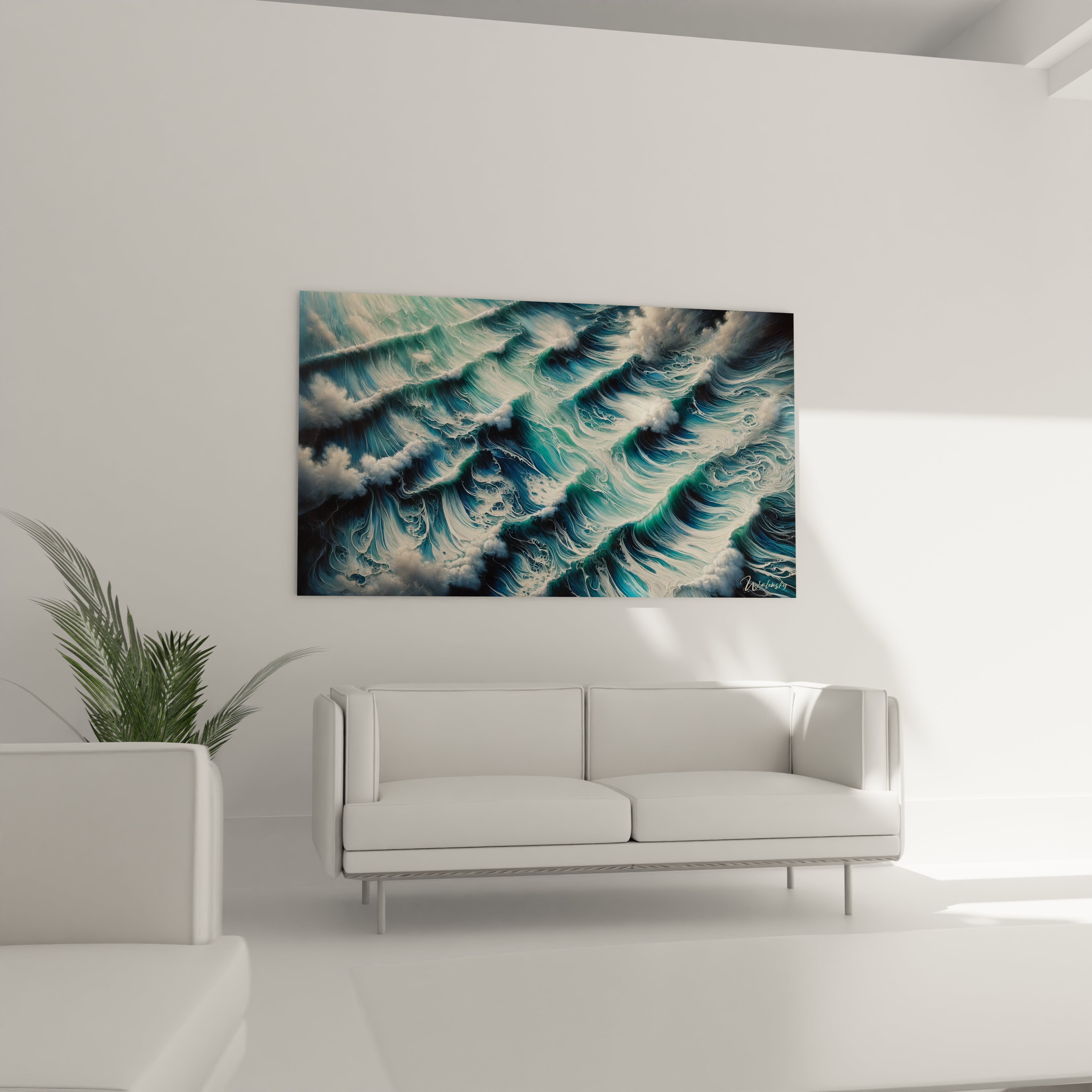 Le tableau Mer ajoute une touche contemporaine au salon, suspendu au-dessus du canapé, créant une ambiance apaisante grâce à ses couleurs inspirantes.

