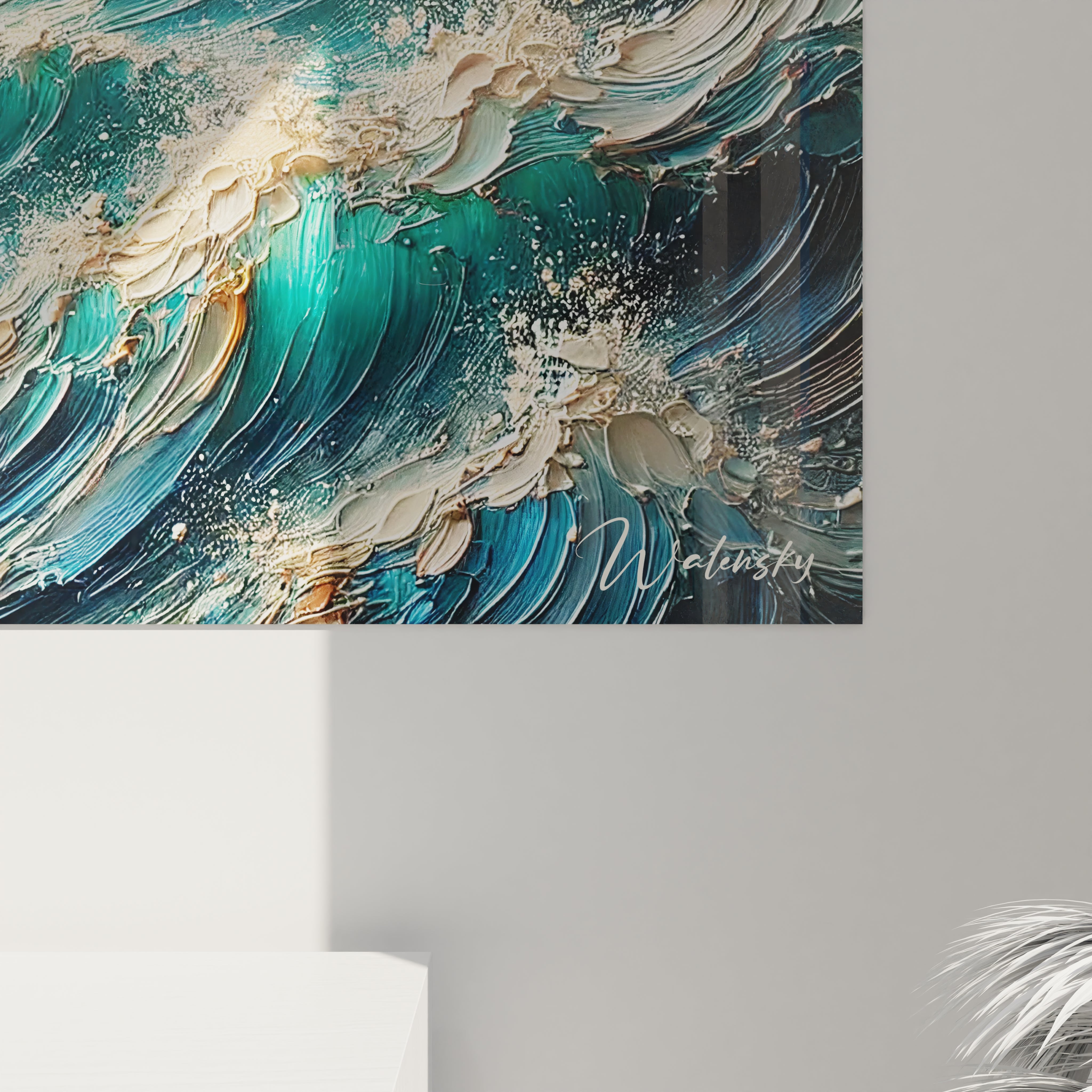 Cette vue de près du tableau Mer révèle les textures vibrantes des vagues, vous plongeant dans la puissance hypnotique de l'océan à chaque regard.






