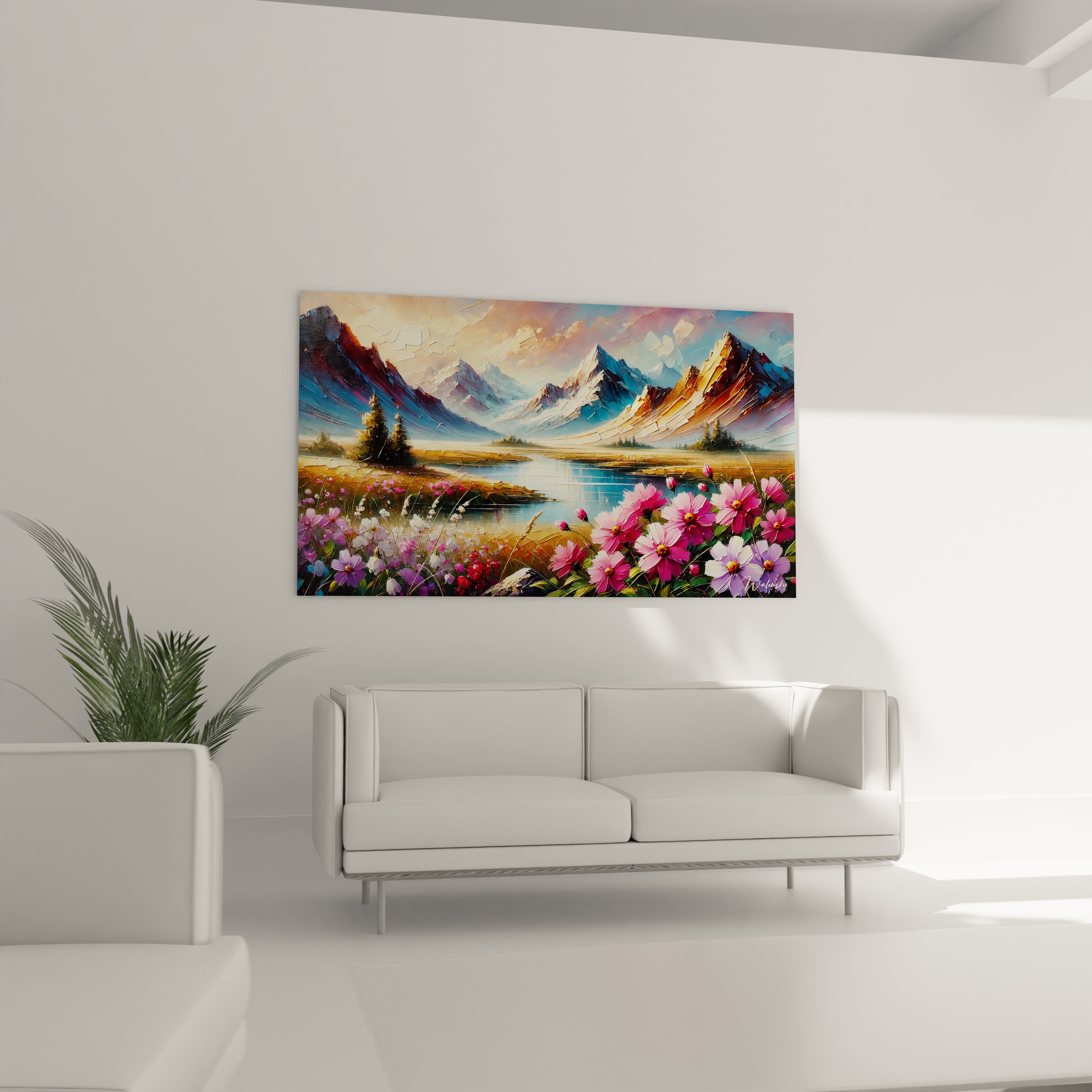 Transformez votre salon avec le tableau Montagne. Accroché au-dessus du canapé, il apporte une touche de couleur et de sérénité à votre espace de vie.

