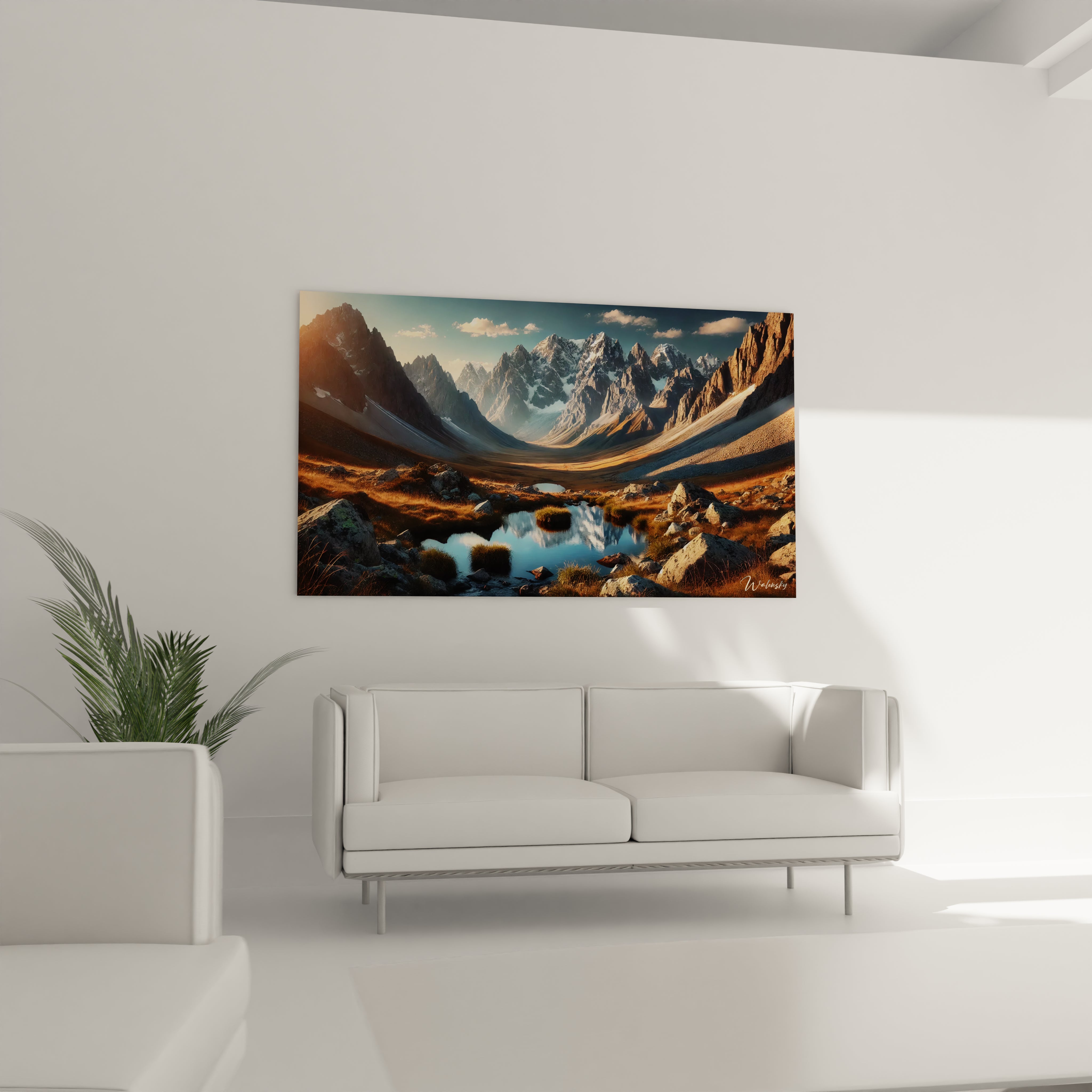 Apportez une touche de sérénité à votre salon avec ce tableau Montagne, suspendu au-dessus du canapé. Les teintes de bleu et or favorisent une atmosphère relaxante.

