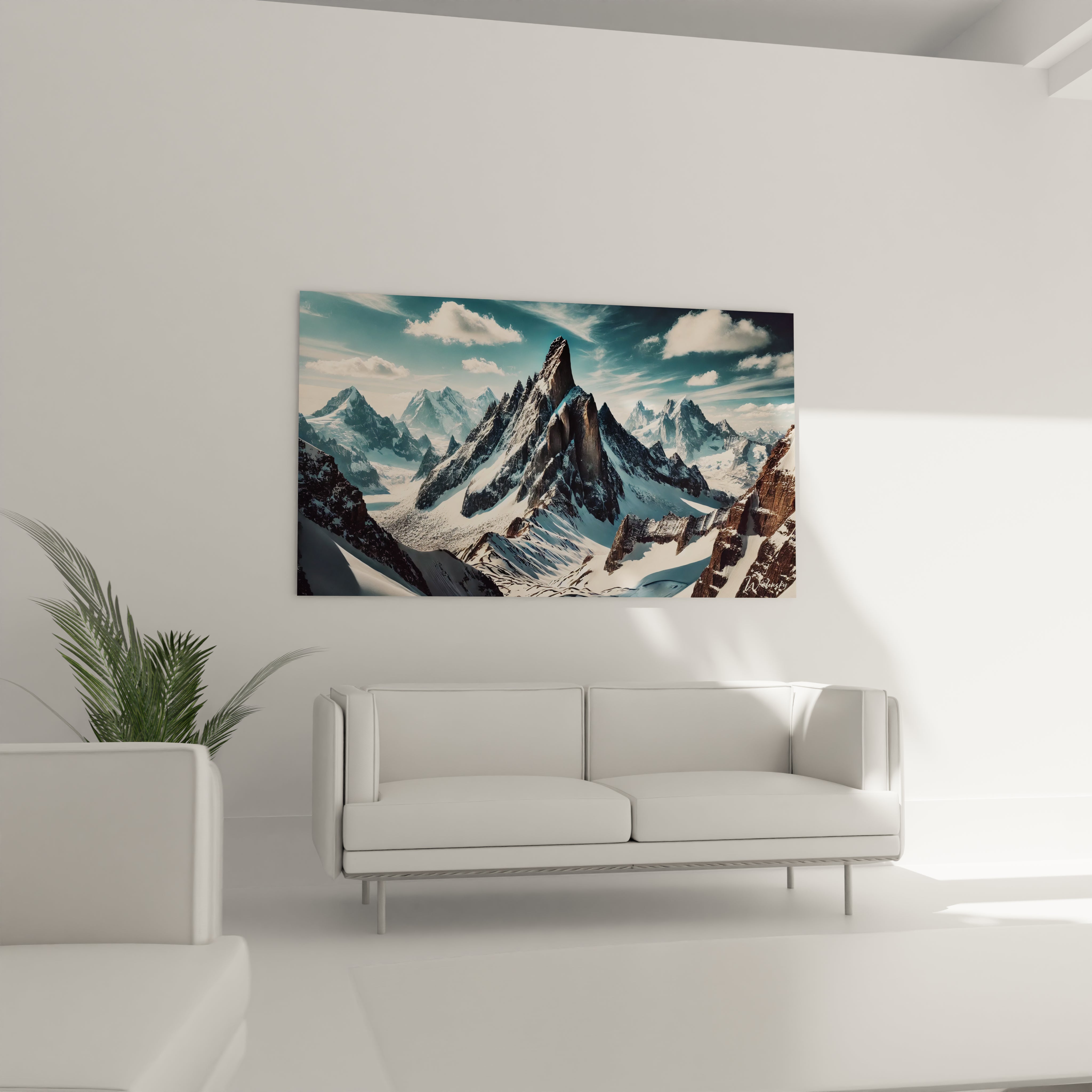 Dans le salon, le tableau Montagne surplombe le canapé, apportant une touche de sérénité. Ses détails réalistes évoquent la grandeur des paysages naturels.

