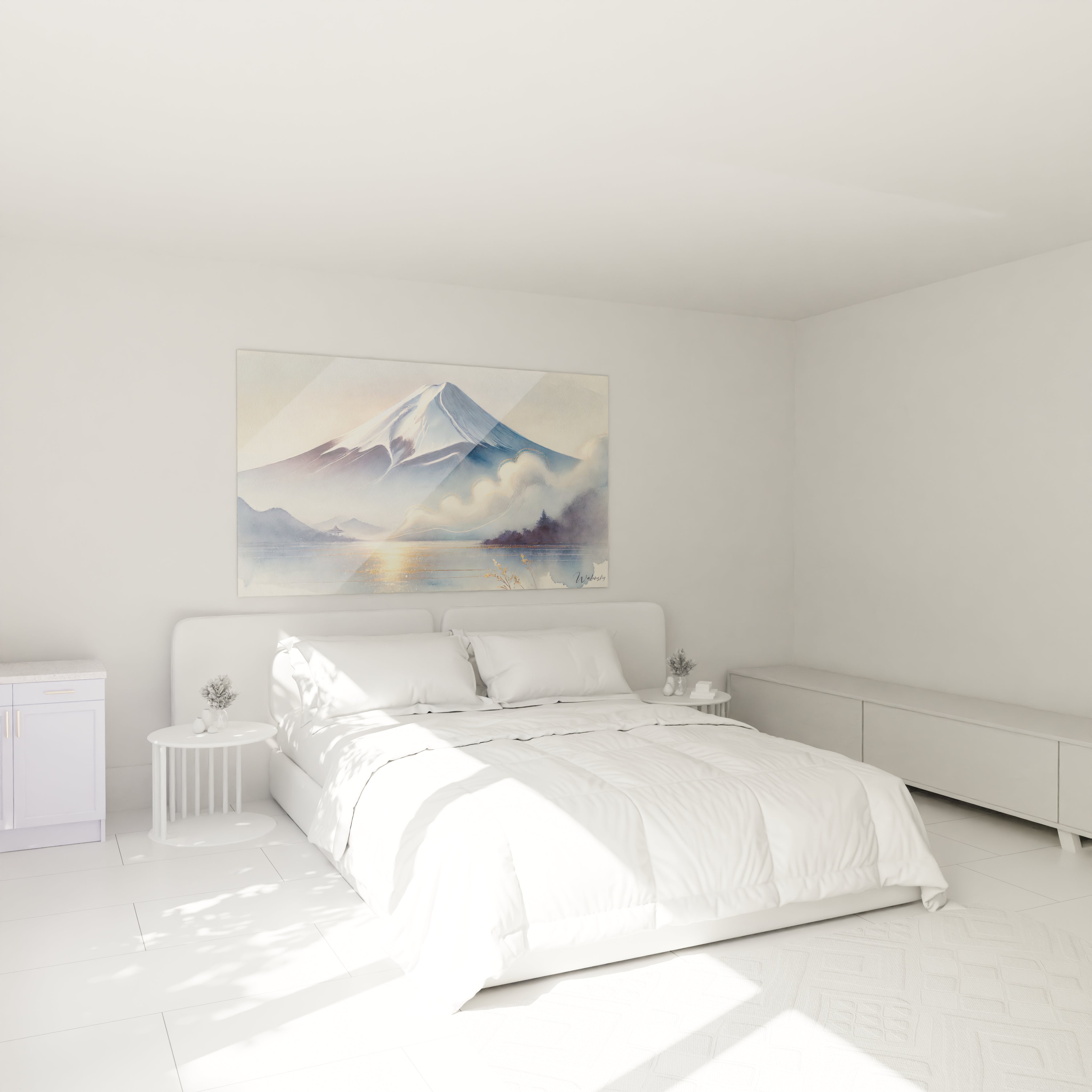 Dans cette chambre, le tableau mont fuji au-dessus du lit apporte une atmosphère de calme et de renouveau. Les nuances de bleu et d’or illuminent l’espace d’un souffle zen japonais.

