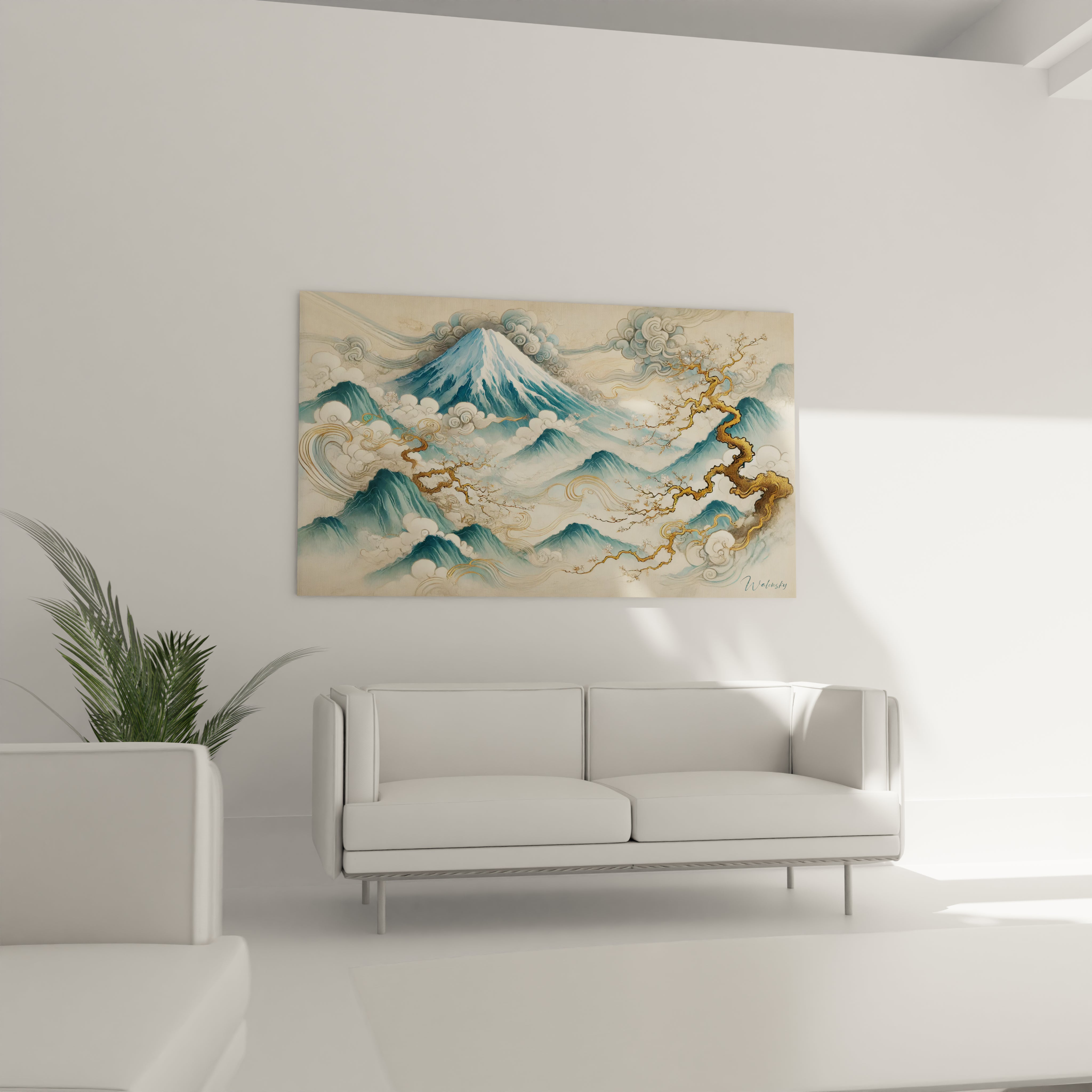 Dans un salon ce tableau Mont Fuji ajoute une note elegante et spirituelle au-dessus du canape Les courbes dorees et les nuances de bleu invitent a la serenite et la meditation